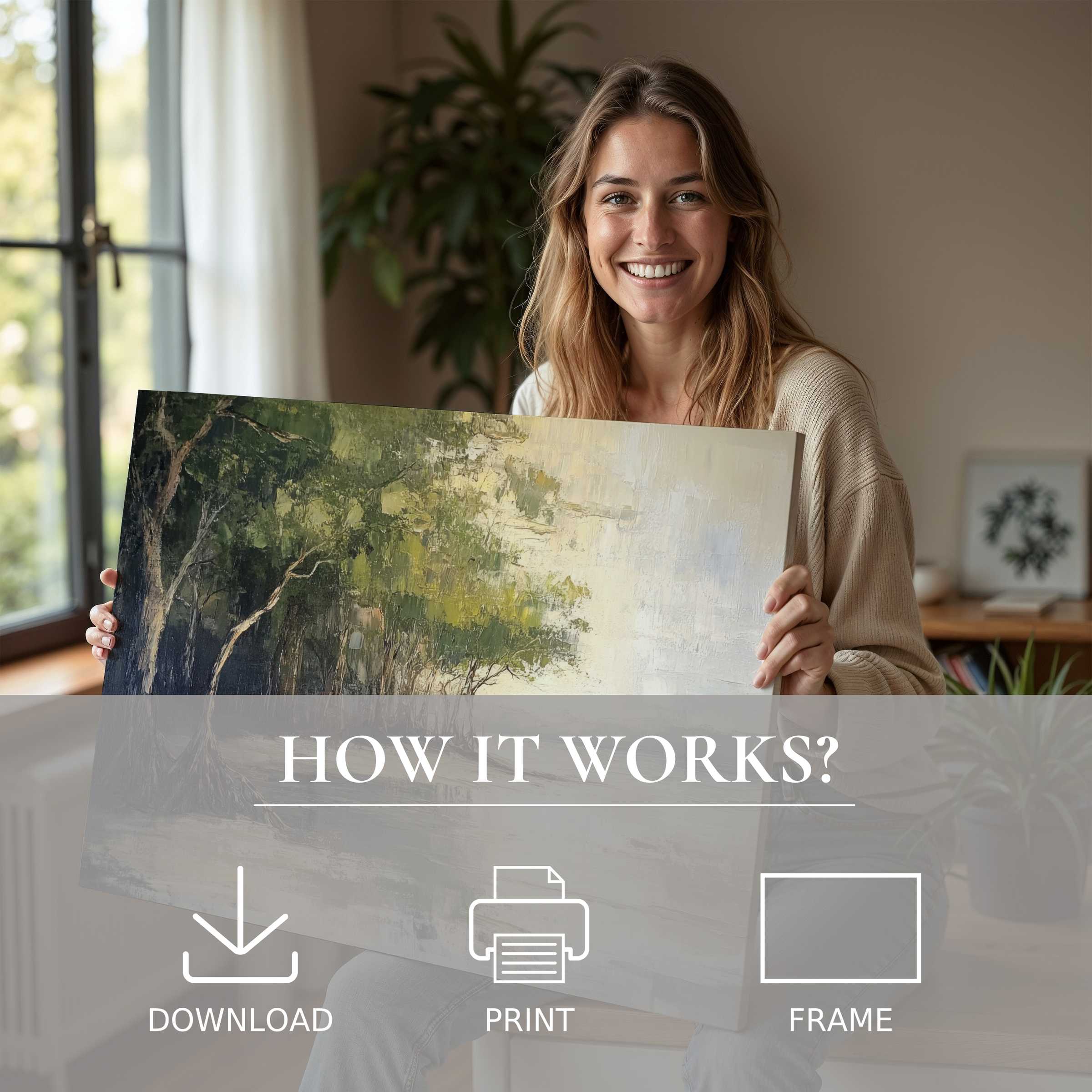 A radiant moment of connection and joy as a serene beach digital art print enhances a modern home's calm, inviting ambiance