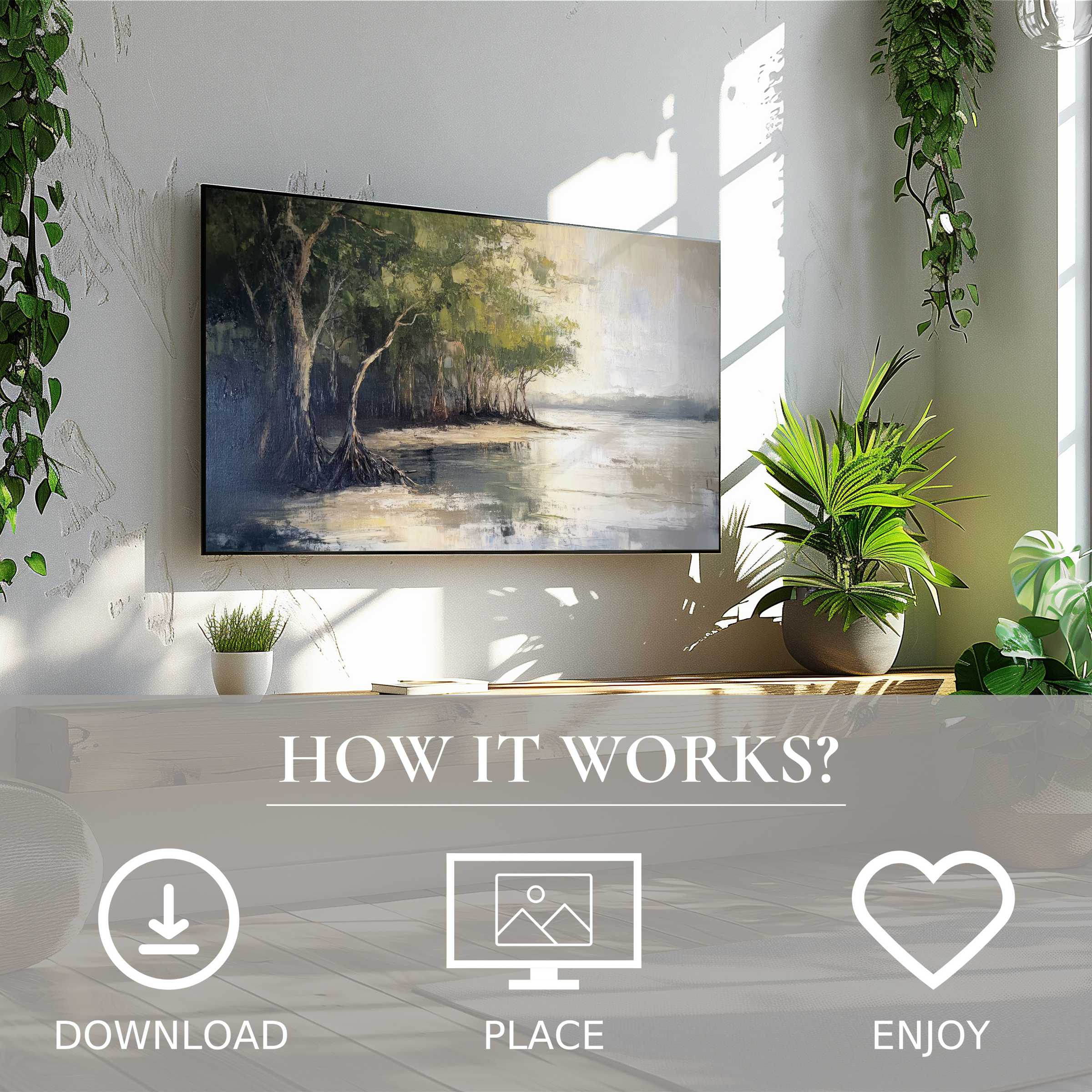 Modern living room with beach art for Samsung TV, soft natural tones, easy digital download, enriching space