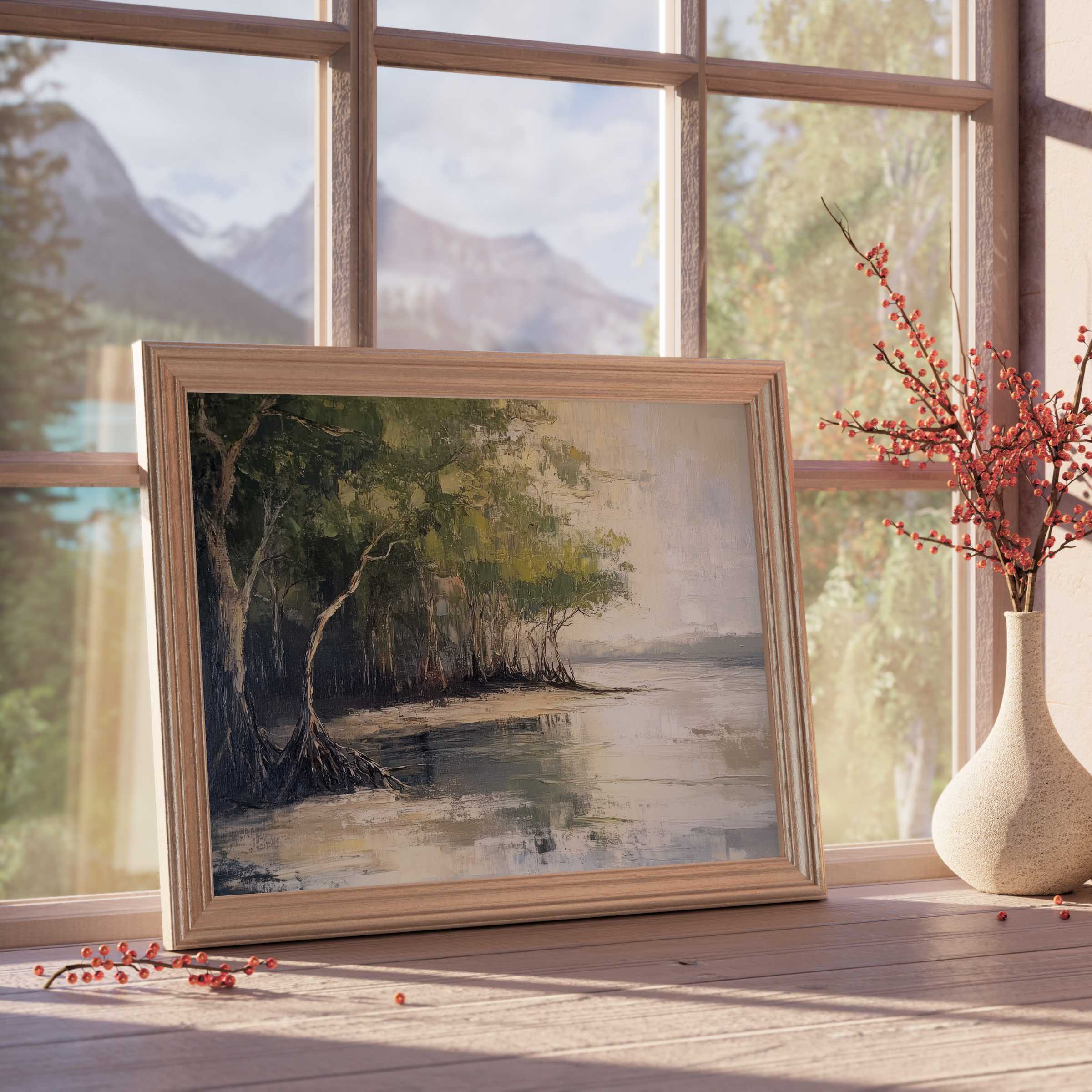 Tranquil beach downloadable art framed in natural wood, infusing serene coastal charm and lush greenery into curated modern interiors