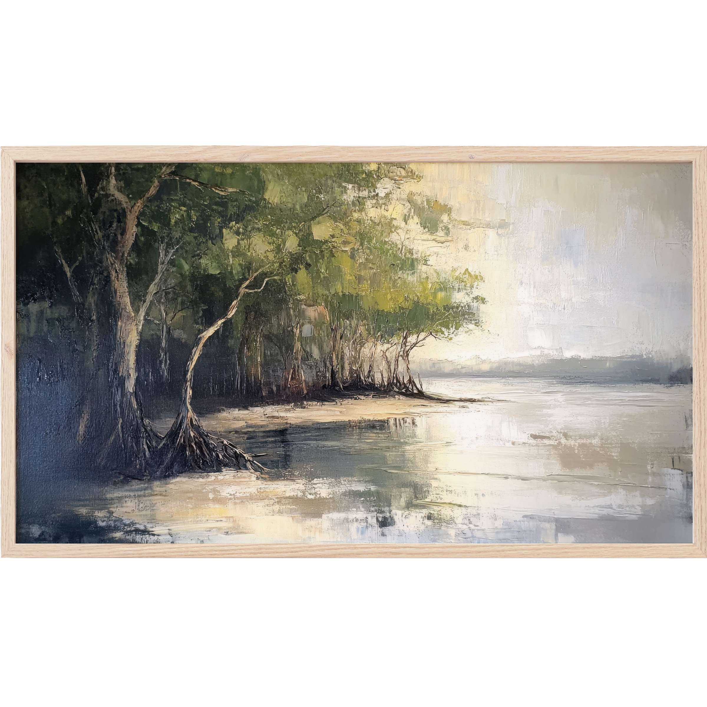 Serene coastal landscape in muted greens and grays with textured brushstrokes, perfect beach Frame TV Art