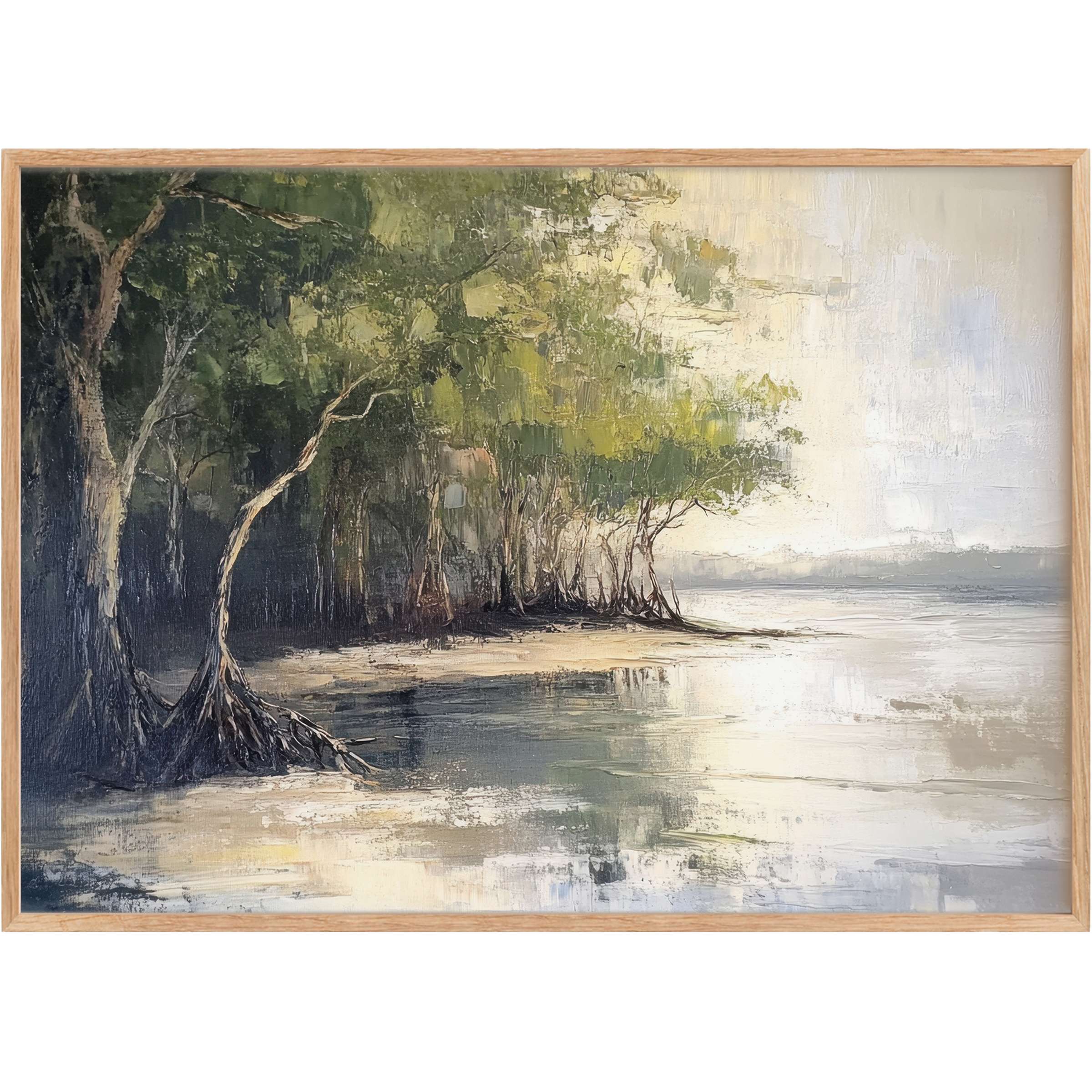 Serene beach printable wall art capturing misty shorelines and rich green canopies, evoking tranquil coastal elegance