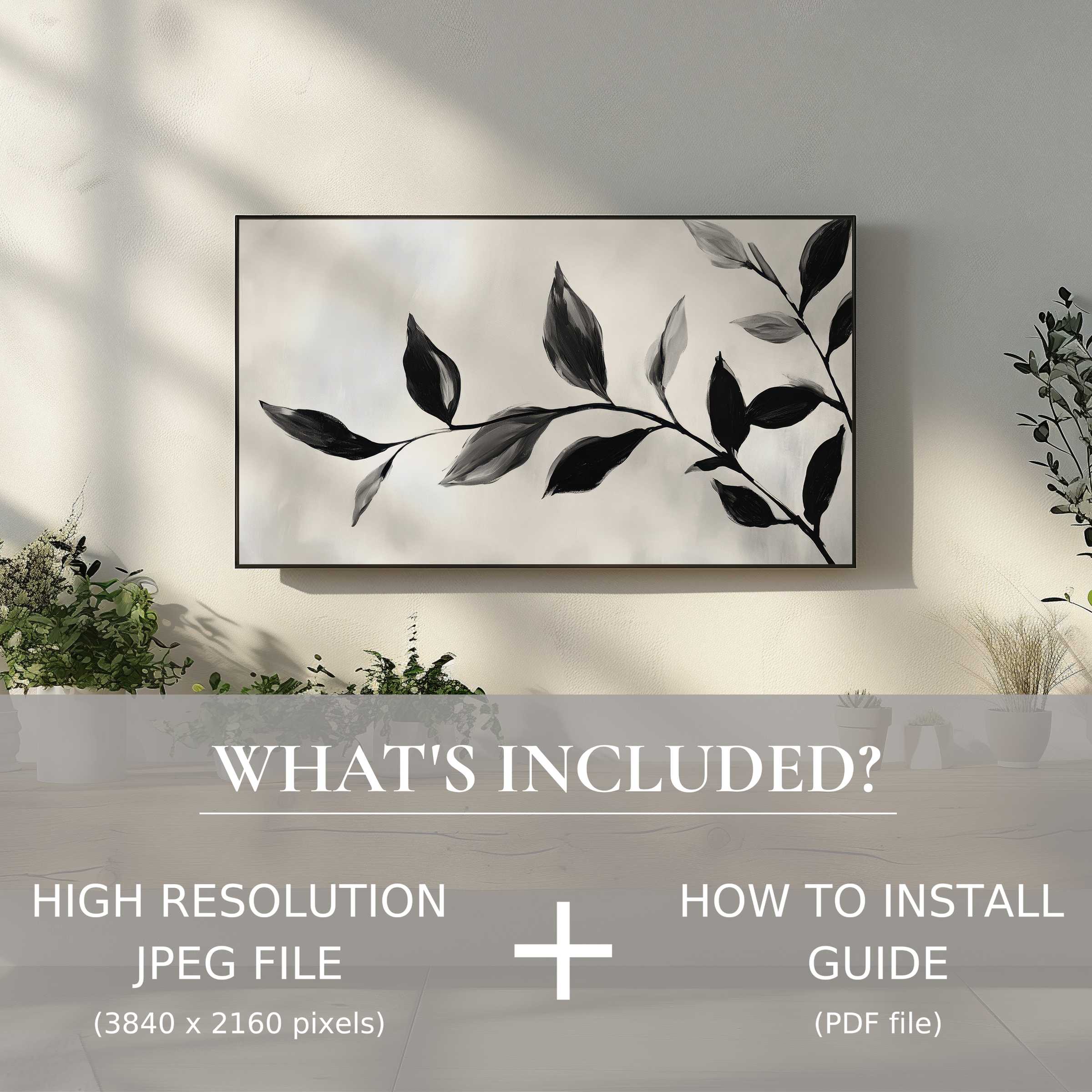 Elegant black and white digital TV art download enhances modern spaces with easy digital use and stylish botanical design