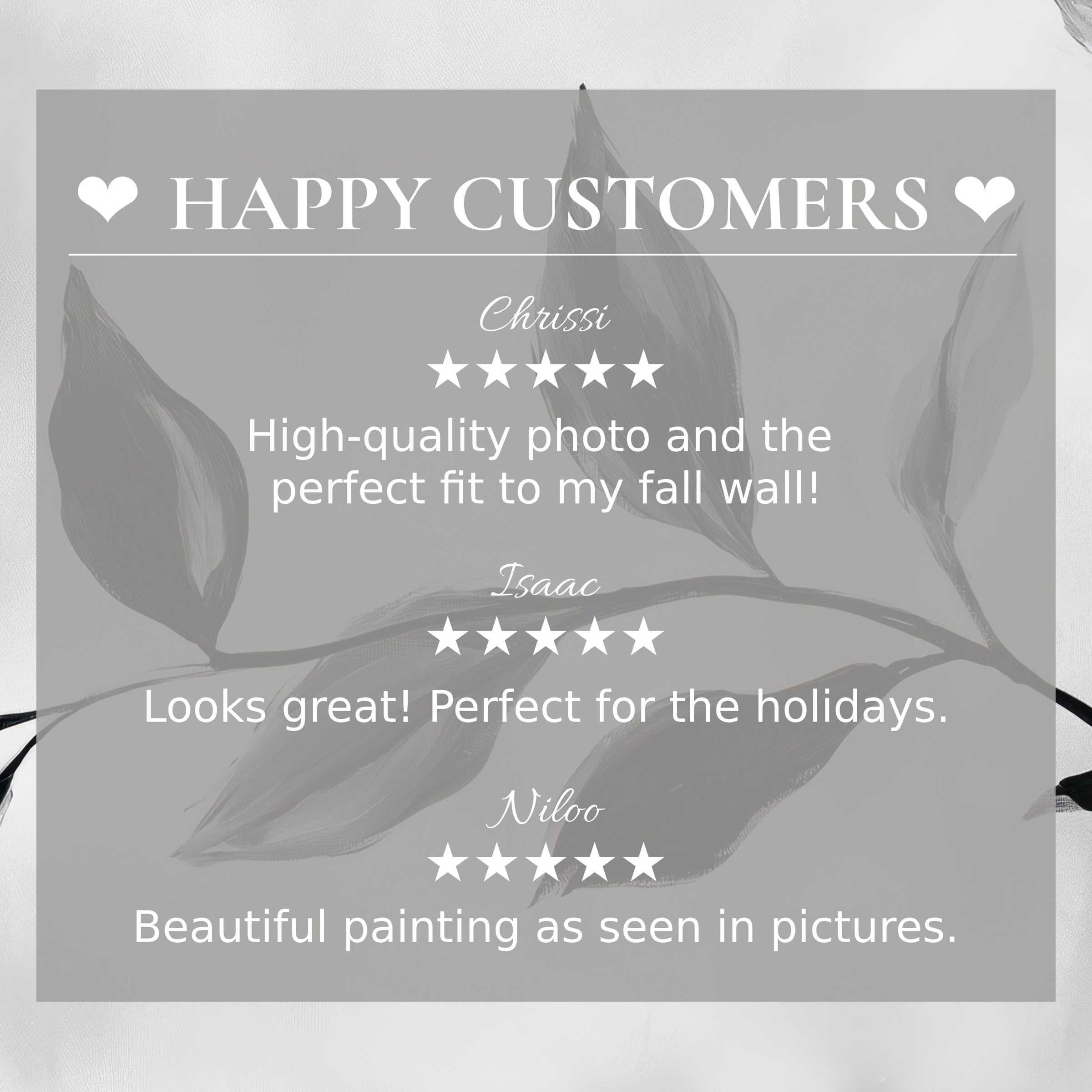 Black and white art for Frame TV with leaf design, showcasing happy customer reviews and refined, elegant style