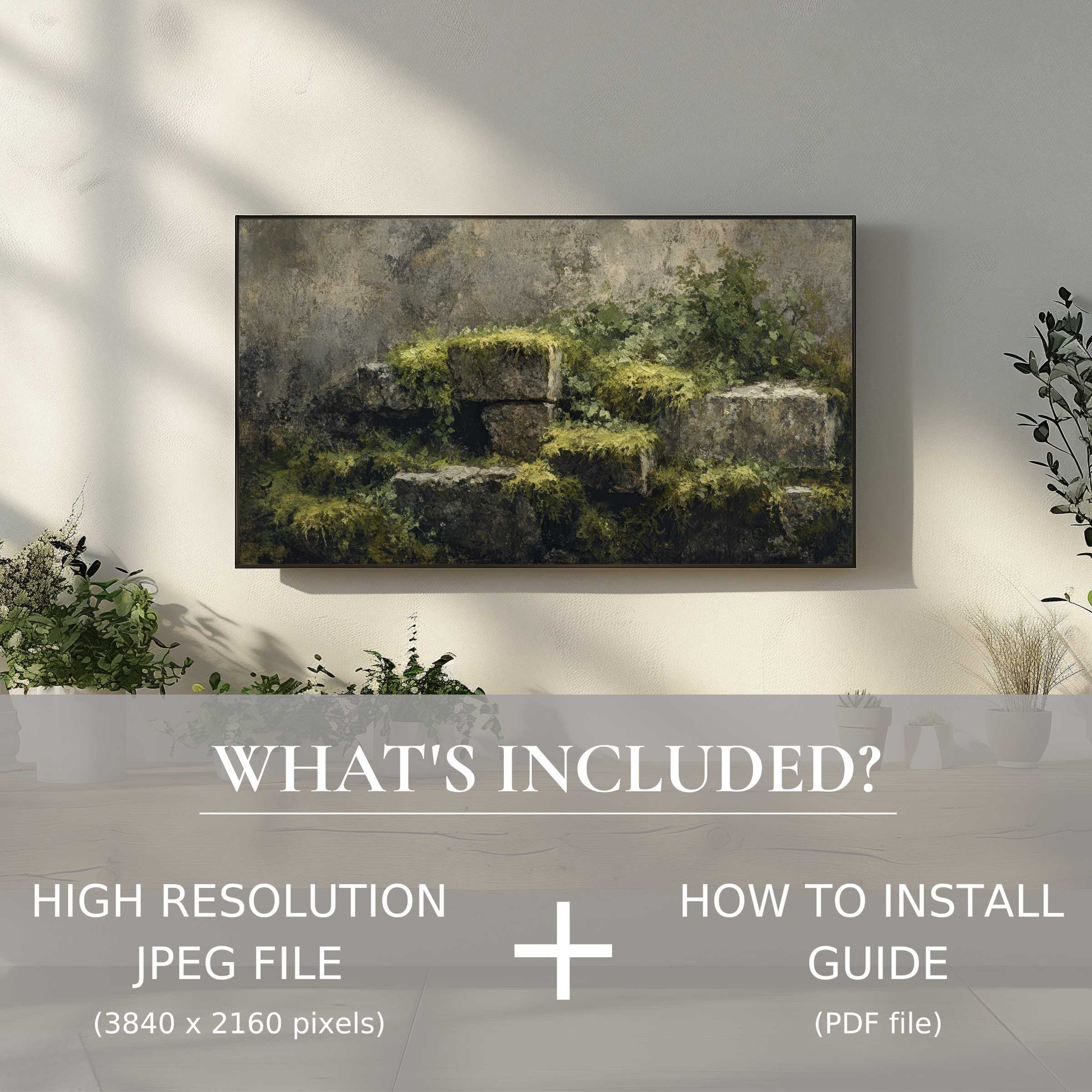 Elegant botanical digital TV art download brings easy, lush greenery to elevate modern living spaces effortlessly
