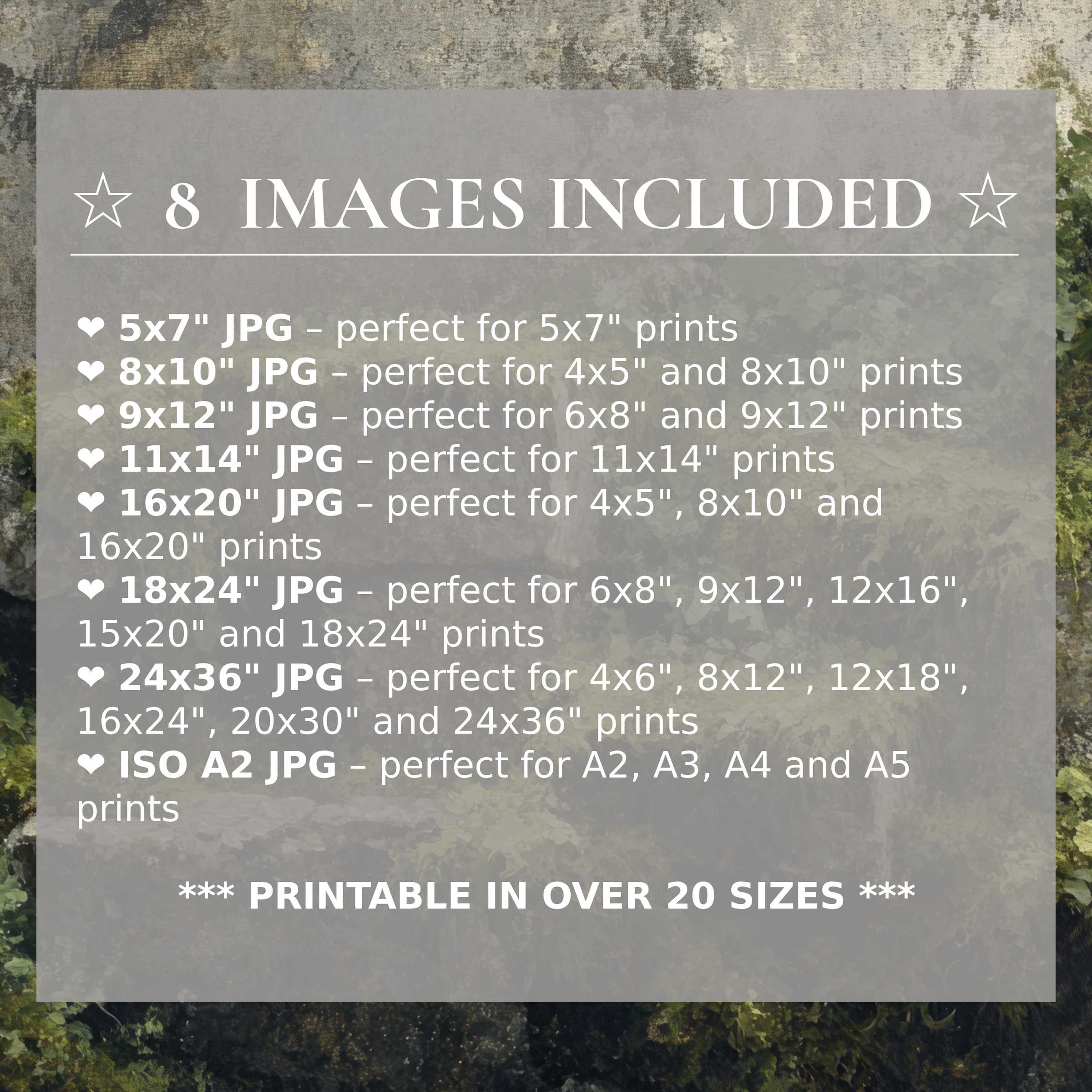 Botanical digital print in calming moss and muted slate tones, elevating modern interiors with radiant beauty; 8 high-quality sizes included