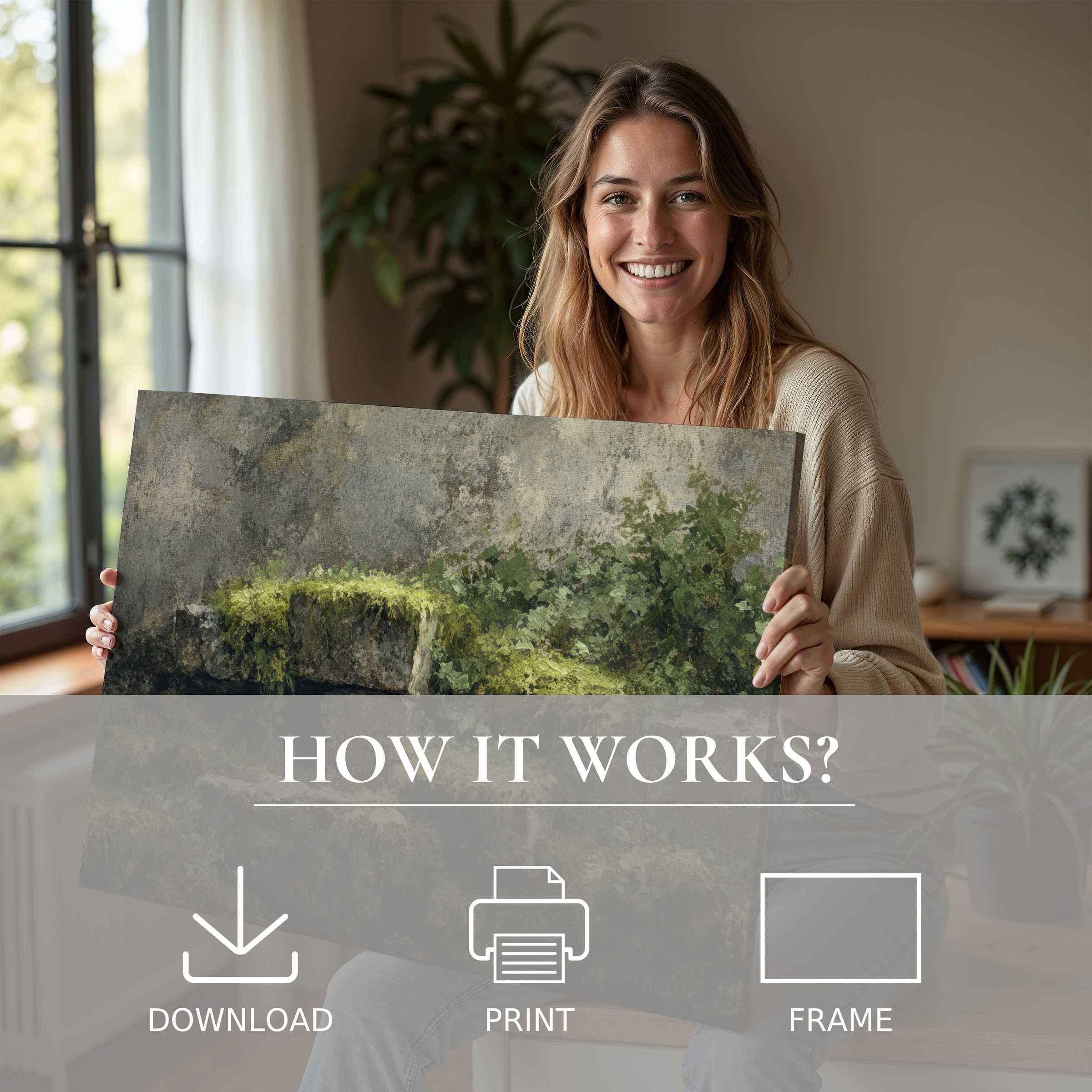 A serene moment in a stylish home, revealing the joy of botanical digital art print that transforms living spaces