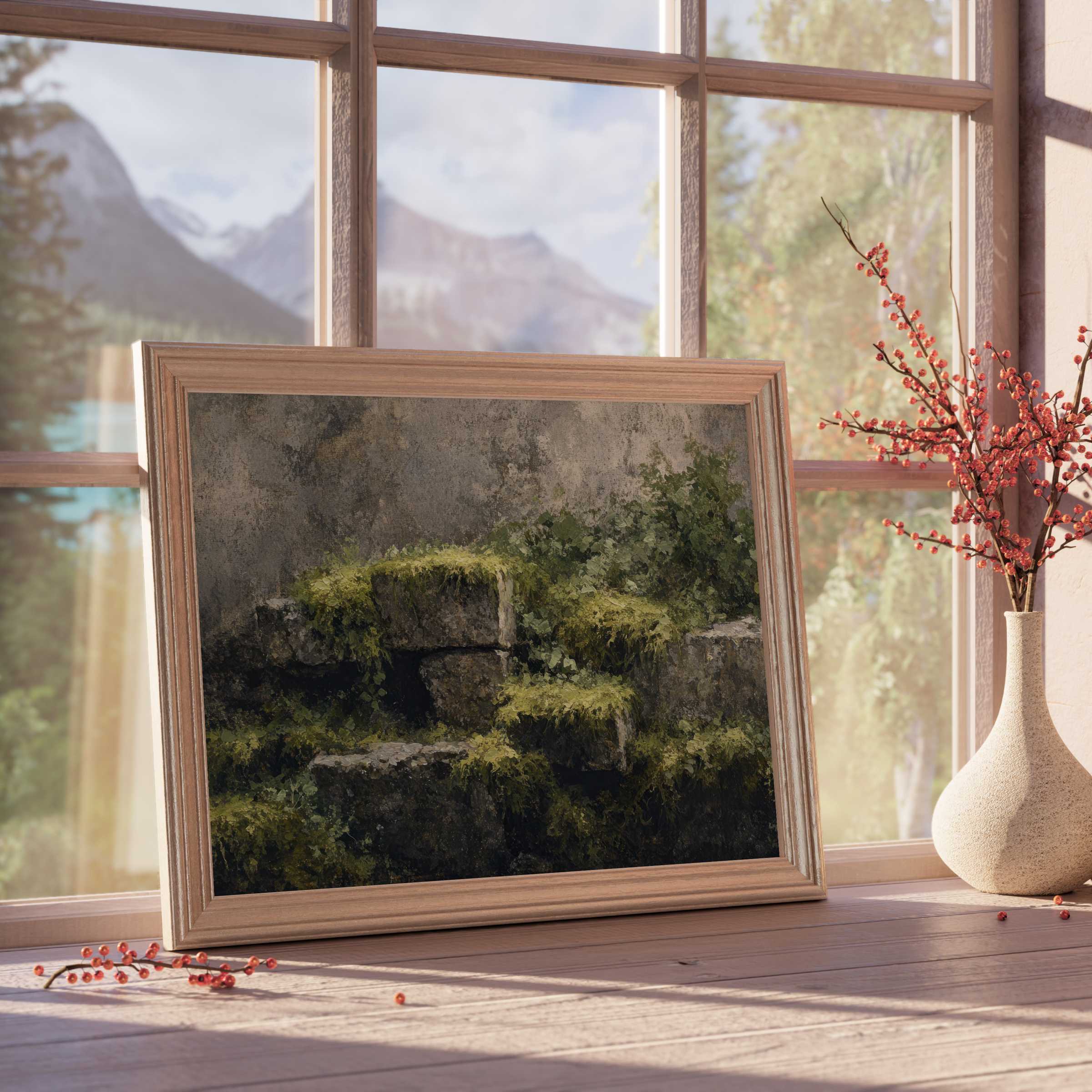 Botanical downloadable art featuring lush moss-covered stones, radiating serene charm for curated, tranquil interiors