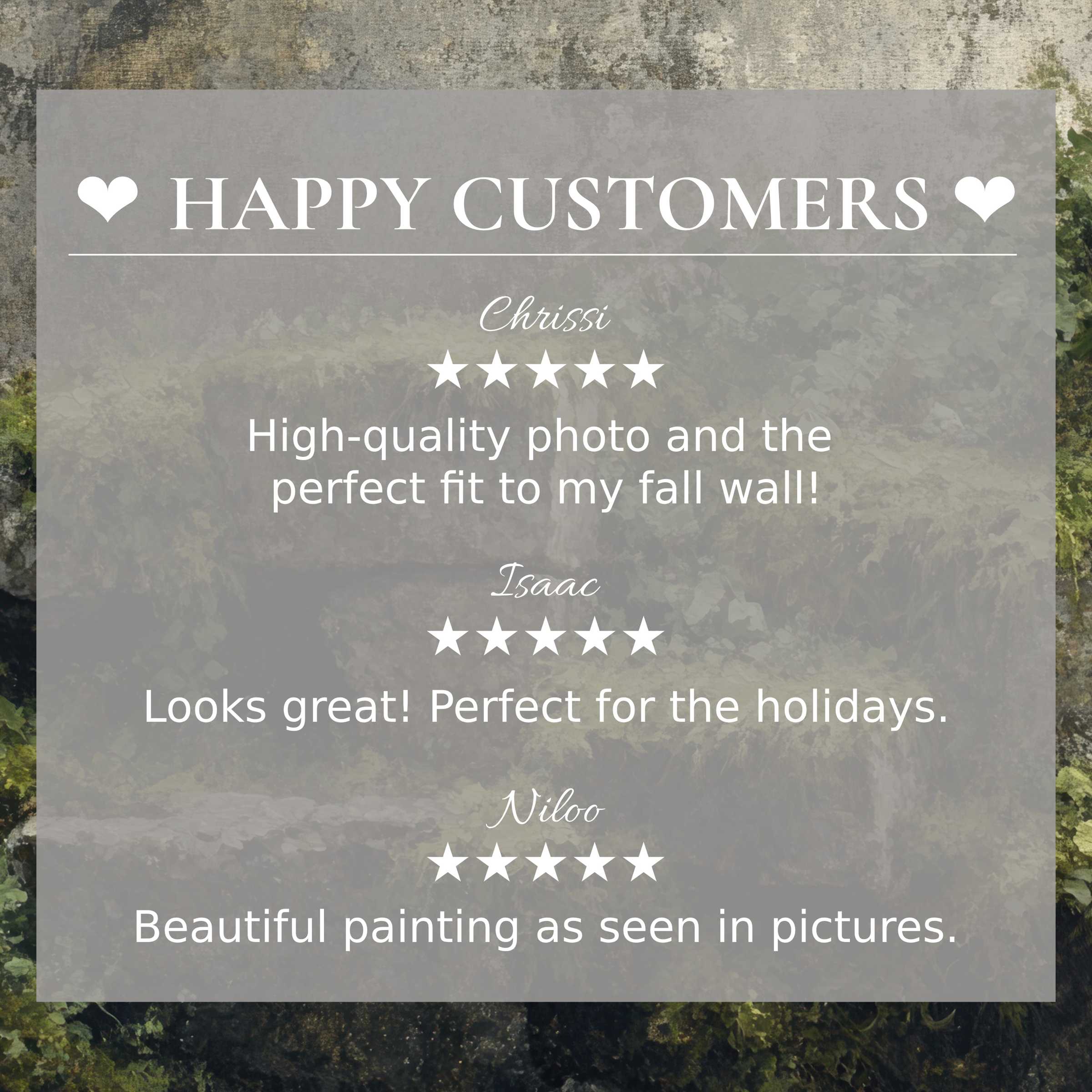 Happy customer reviews highlight botanical art for Frame TV with mossy green background and elegant trusted design