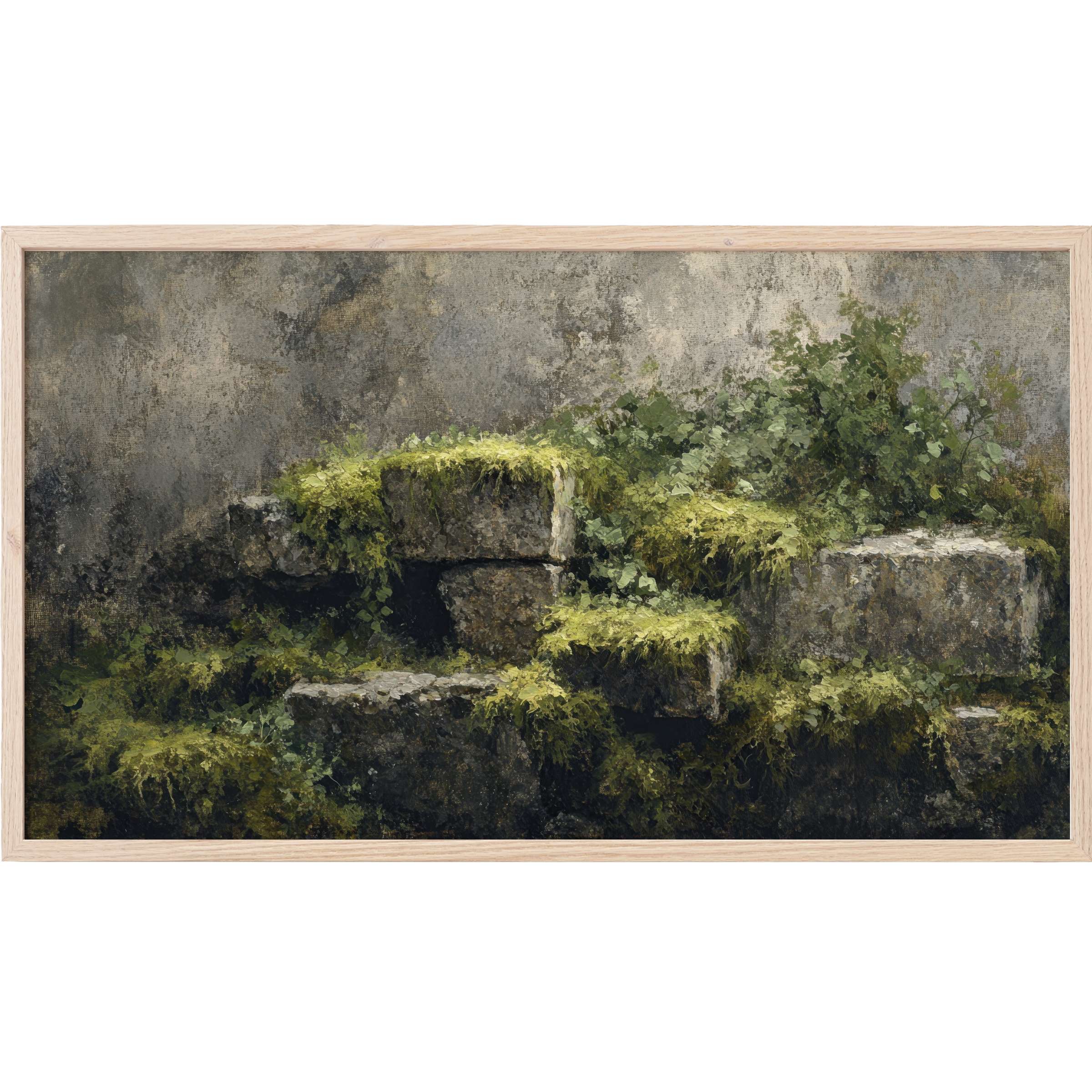 Botanical Frame TV Art showcasing moss-covered stone steps in muted greens and grays, evoking serene natural elegance