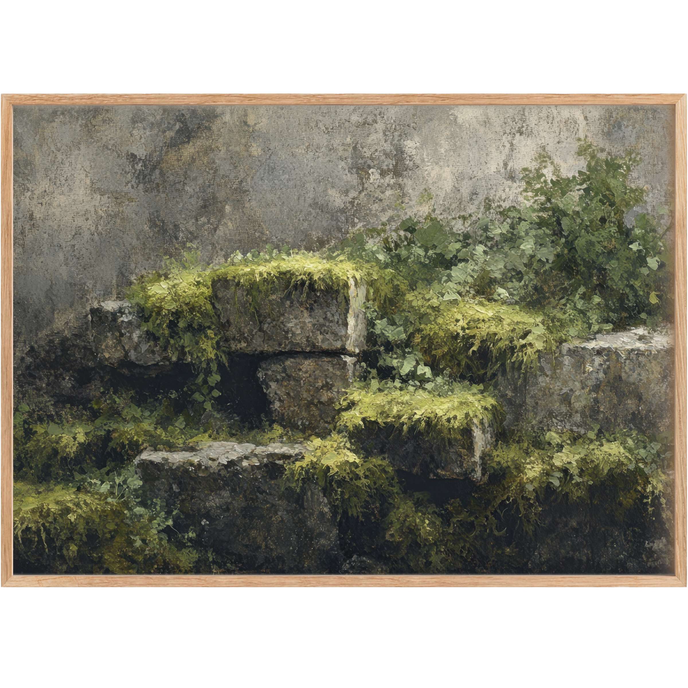 Botanical printable wall art featuring verdant moss and ivy cloaking ancient stone steps, evoking a serene, timeless retreat