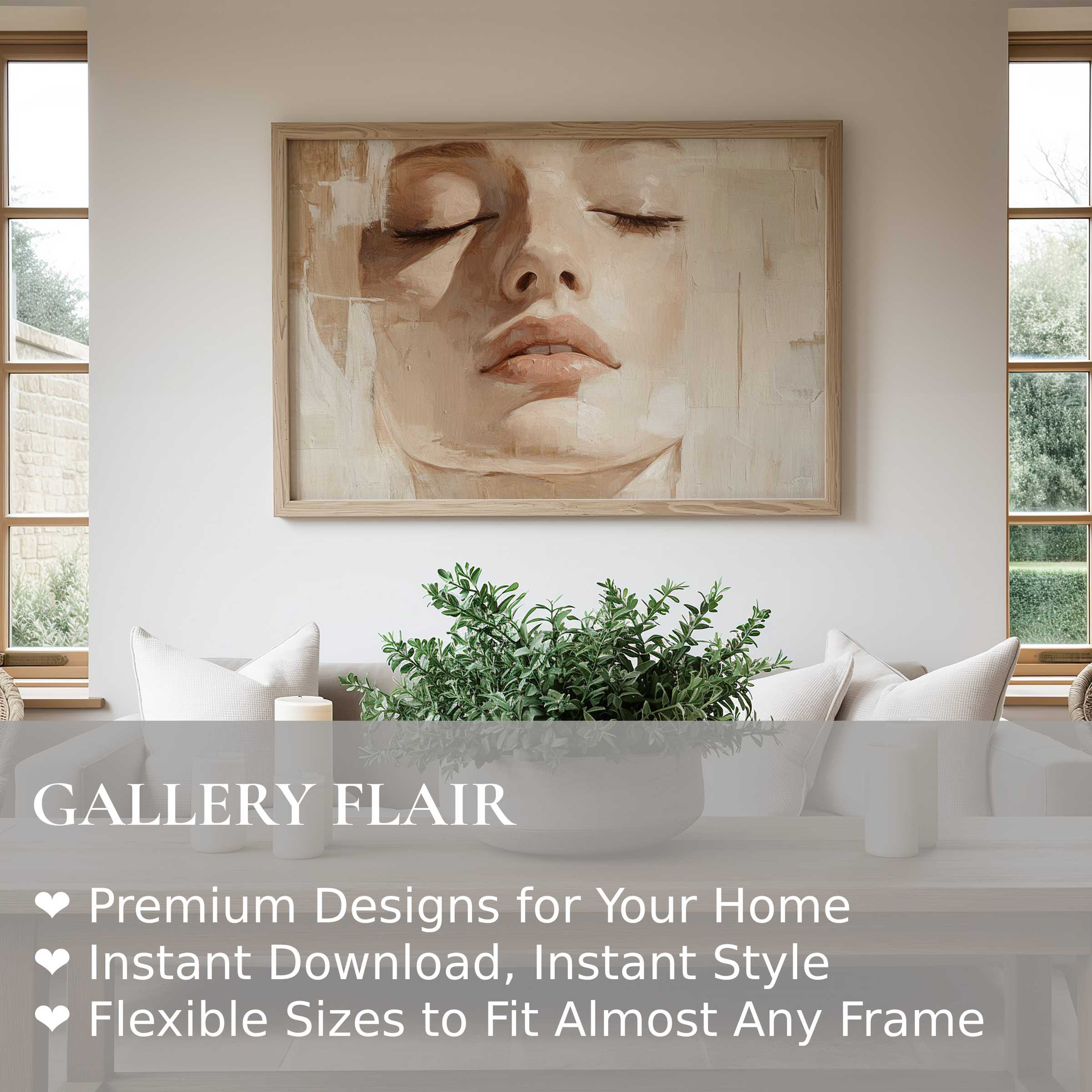 Neutral wall art print featuring a serene, softly textured portrait in warm beige tones, enhancing a modern, minimalist living space with calming elegance and subtle sophistication