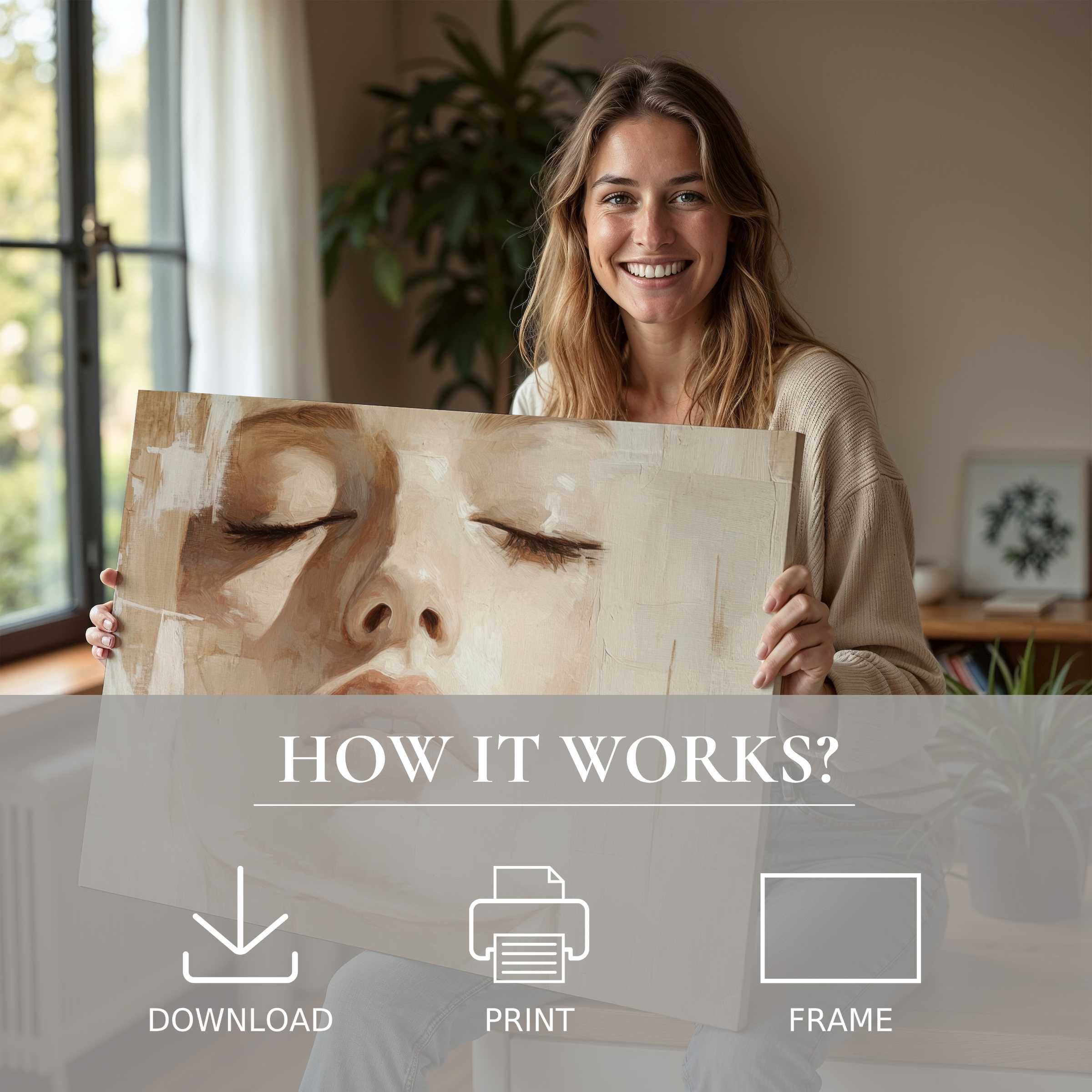 Radiant woman in a sunlit modern home embraces a serene neutral digital art print, embodying joy and effortless elegance