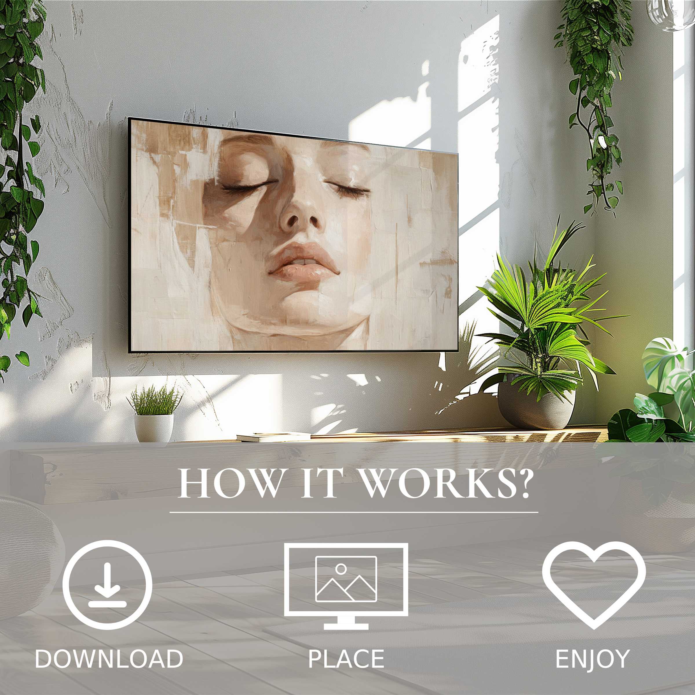Neutral art for Samsung TV shows soft beige face motif, easy digital download, enriching modern living with calm and elegance