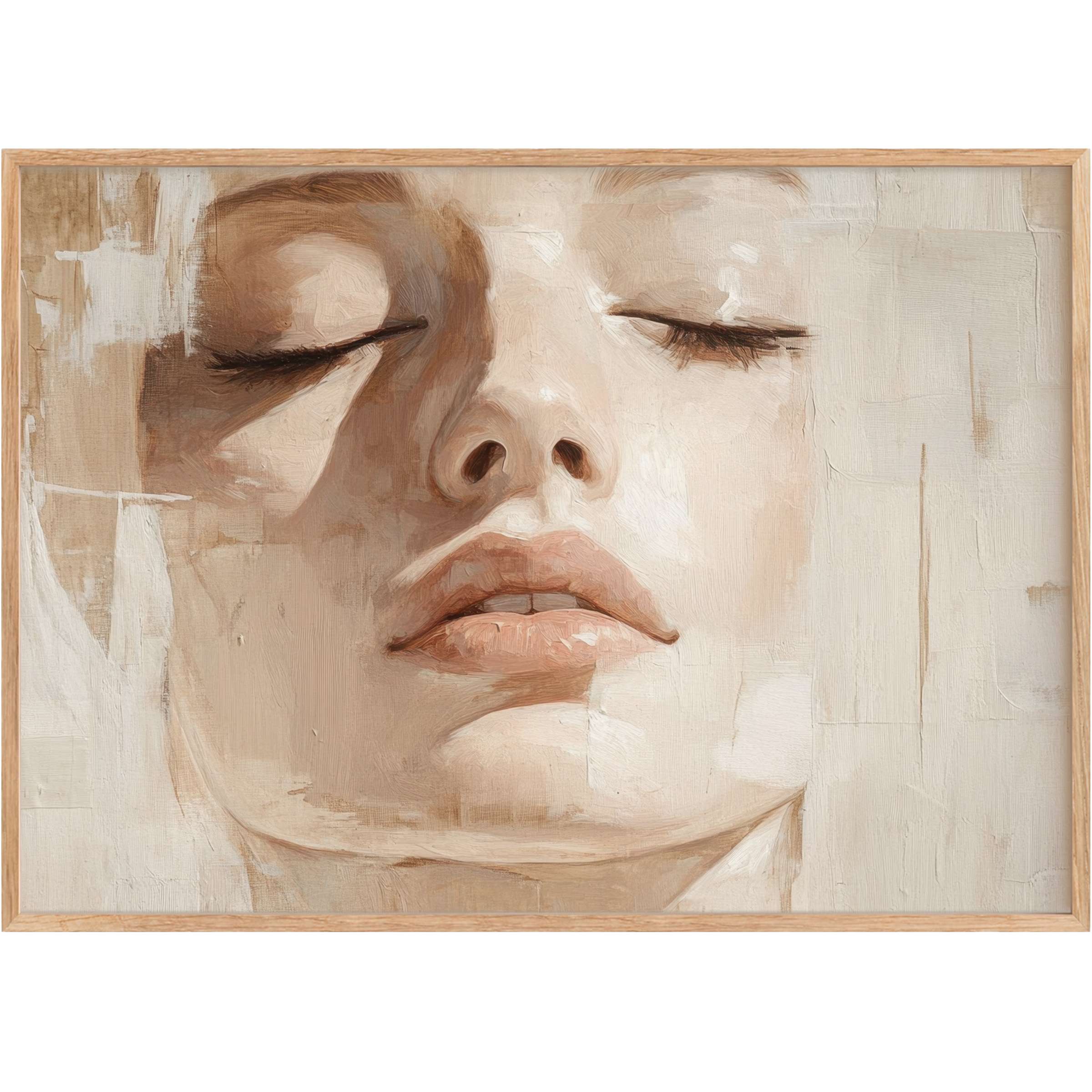 Serene portrait in soft beige and warm taupe tones, evoking calm and introspection-perfect neutral printable wall art