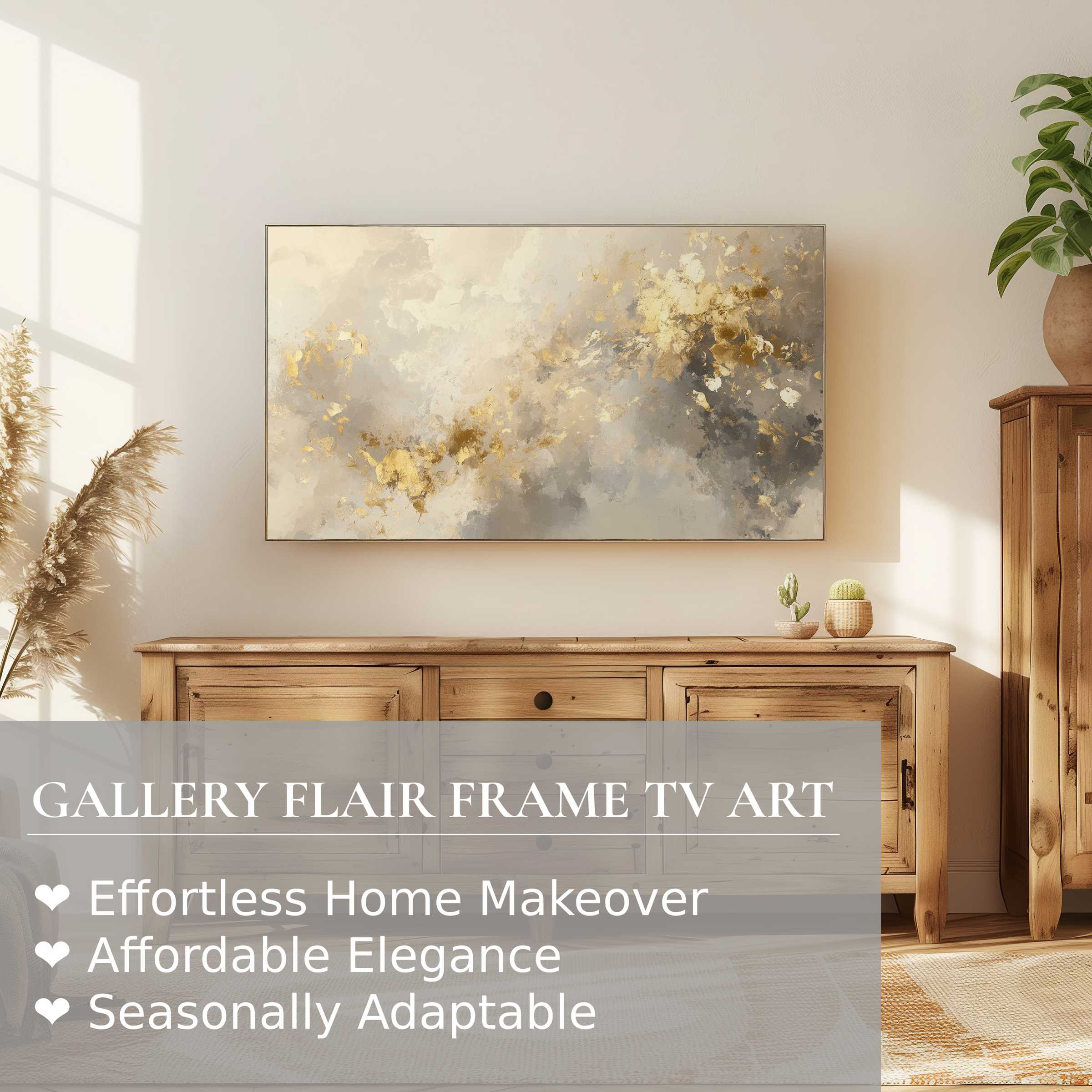 Samsung Frame TV displaying abstract digital artwork in neutral tones, enhancing a refined, modern living space