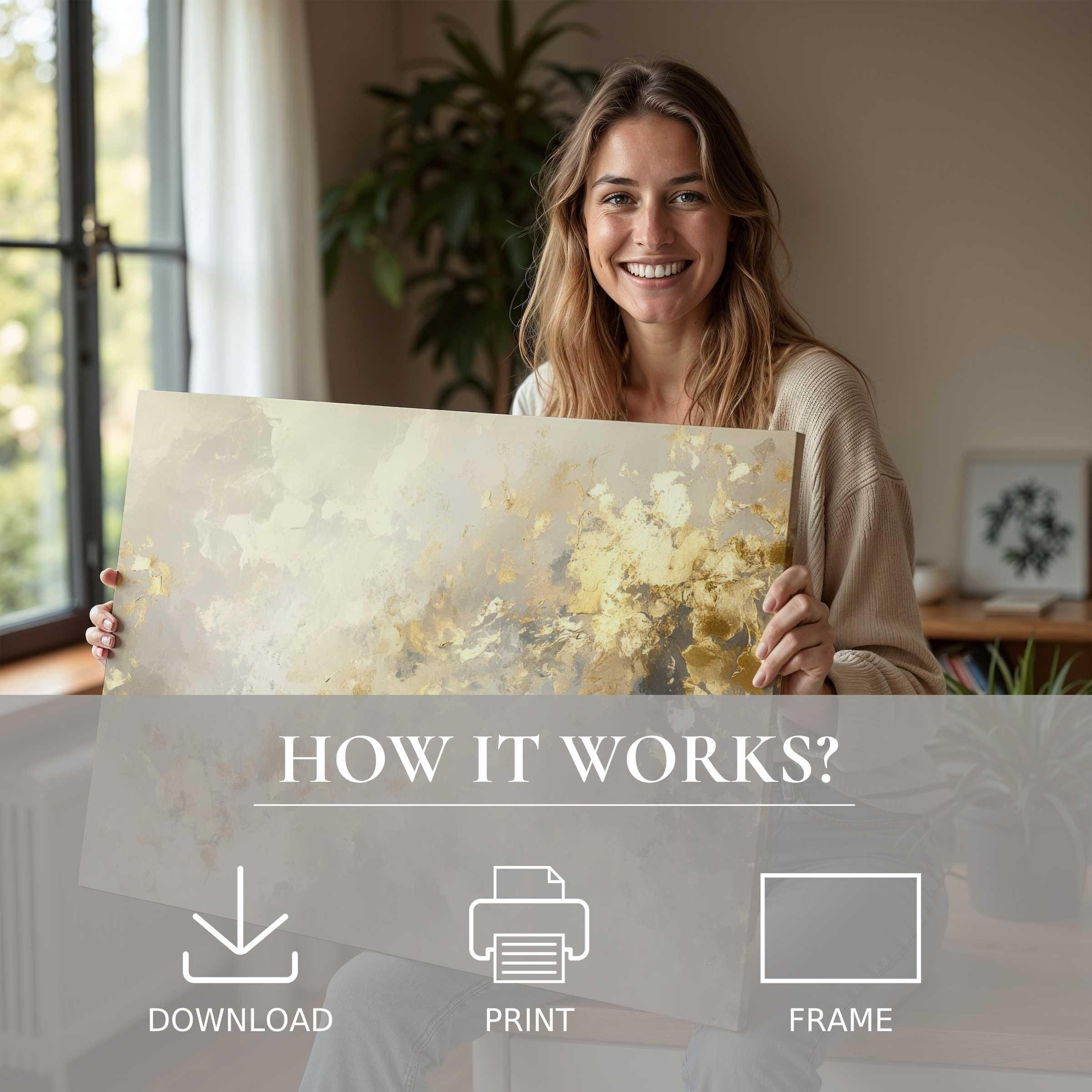 A serene moment of connection and joy as a woman showcases a golden-hued abstract digital art print in a stylish modern home