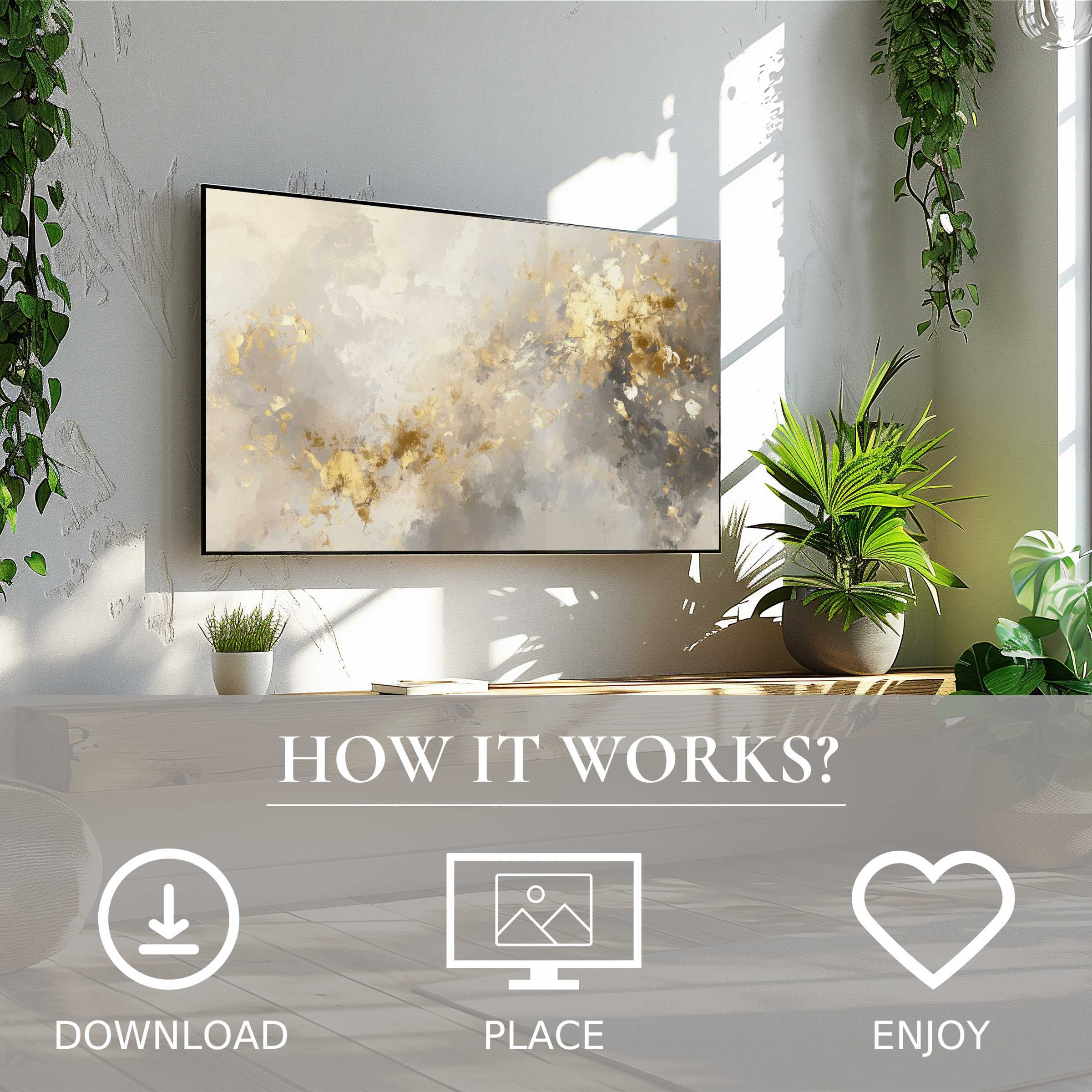 Abstract art for Samsung TV with soft gold and gray flow on Frame TV, easy digital download enriches stylish living spaces
