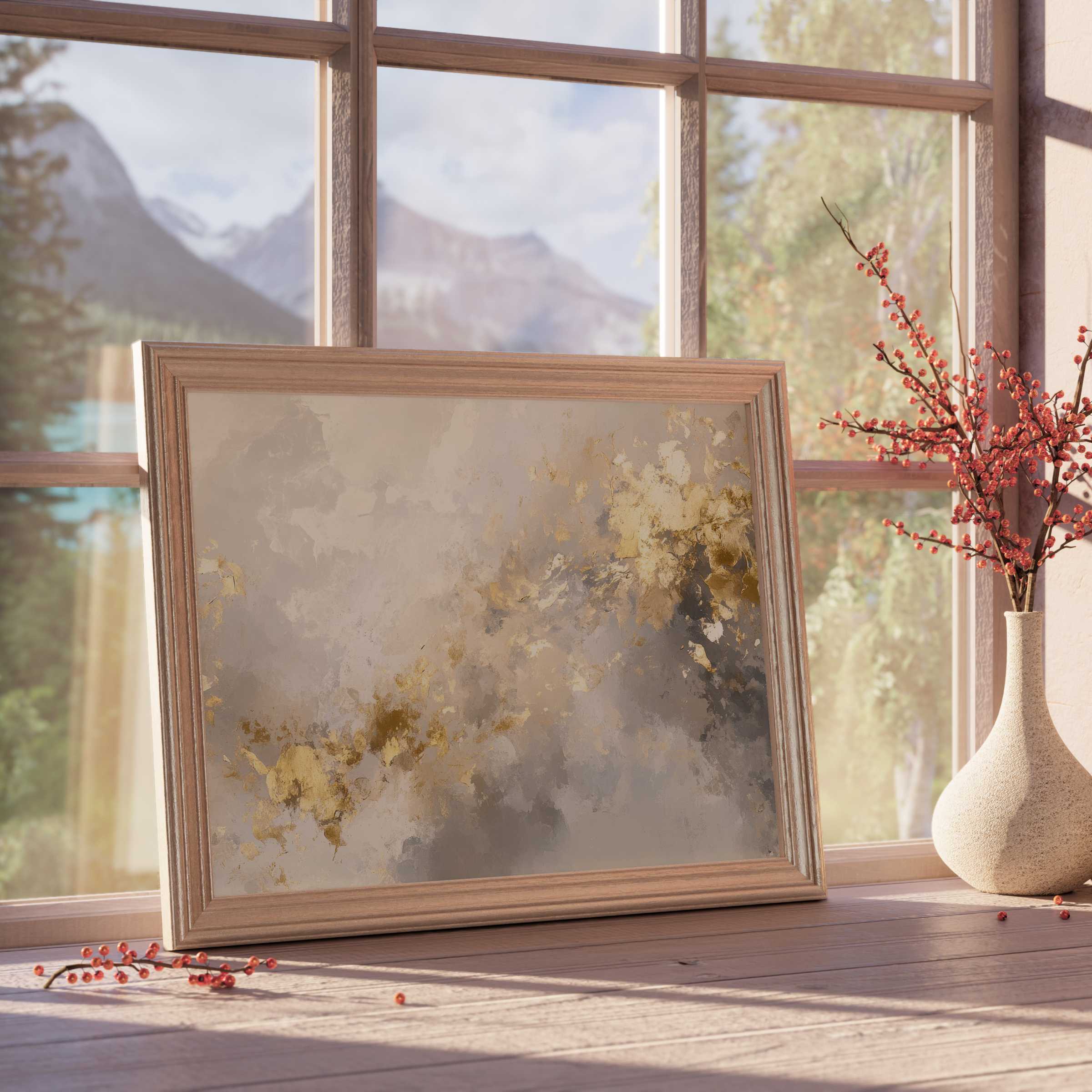 Ethereal abstract downloadable art with gold accents, elevating tranquil, curated interiors in warm, natural light