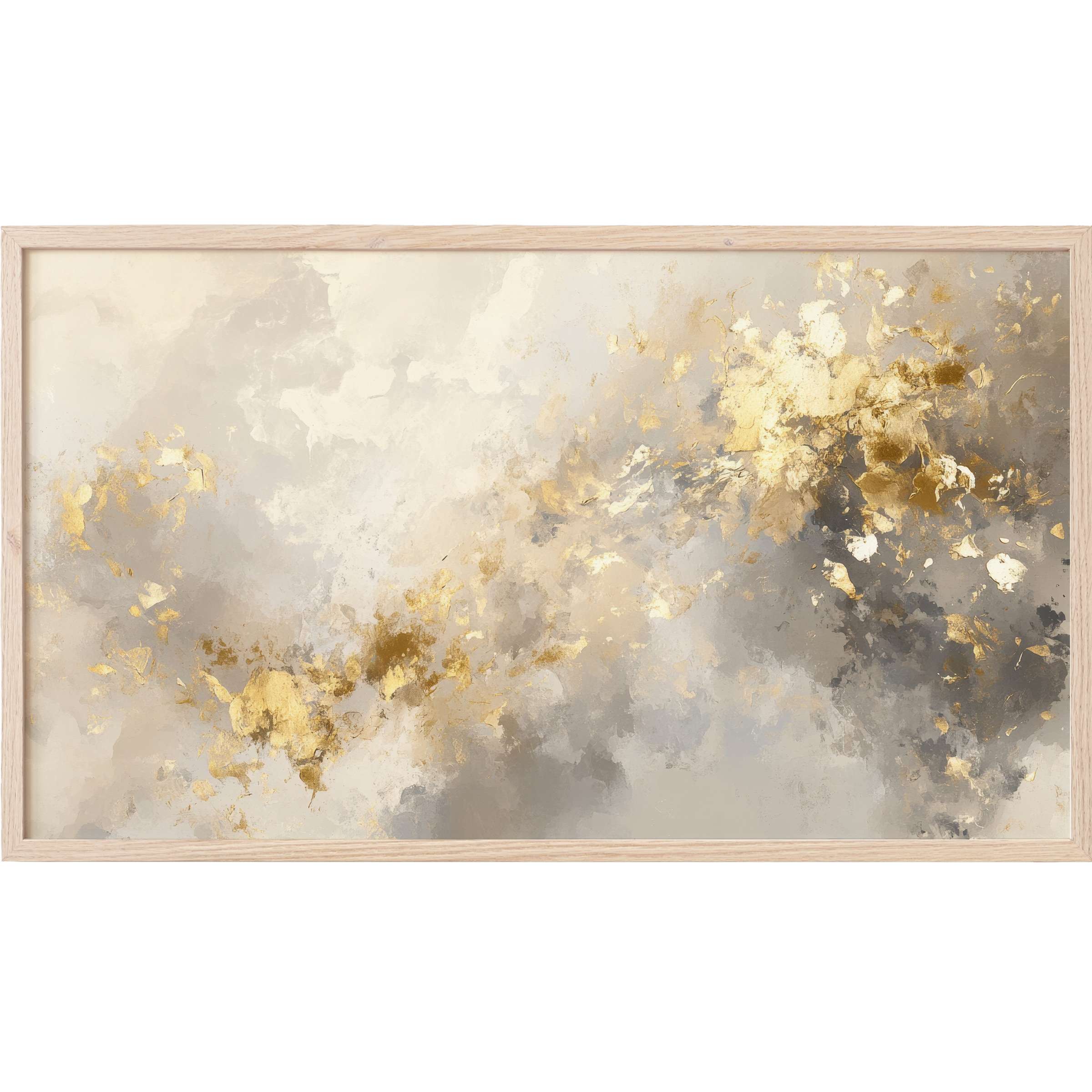 Elegant abstract Frame TV Art with soft neutrals and luminous gold accents in a modern, fluid composition