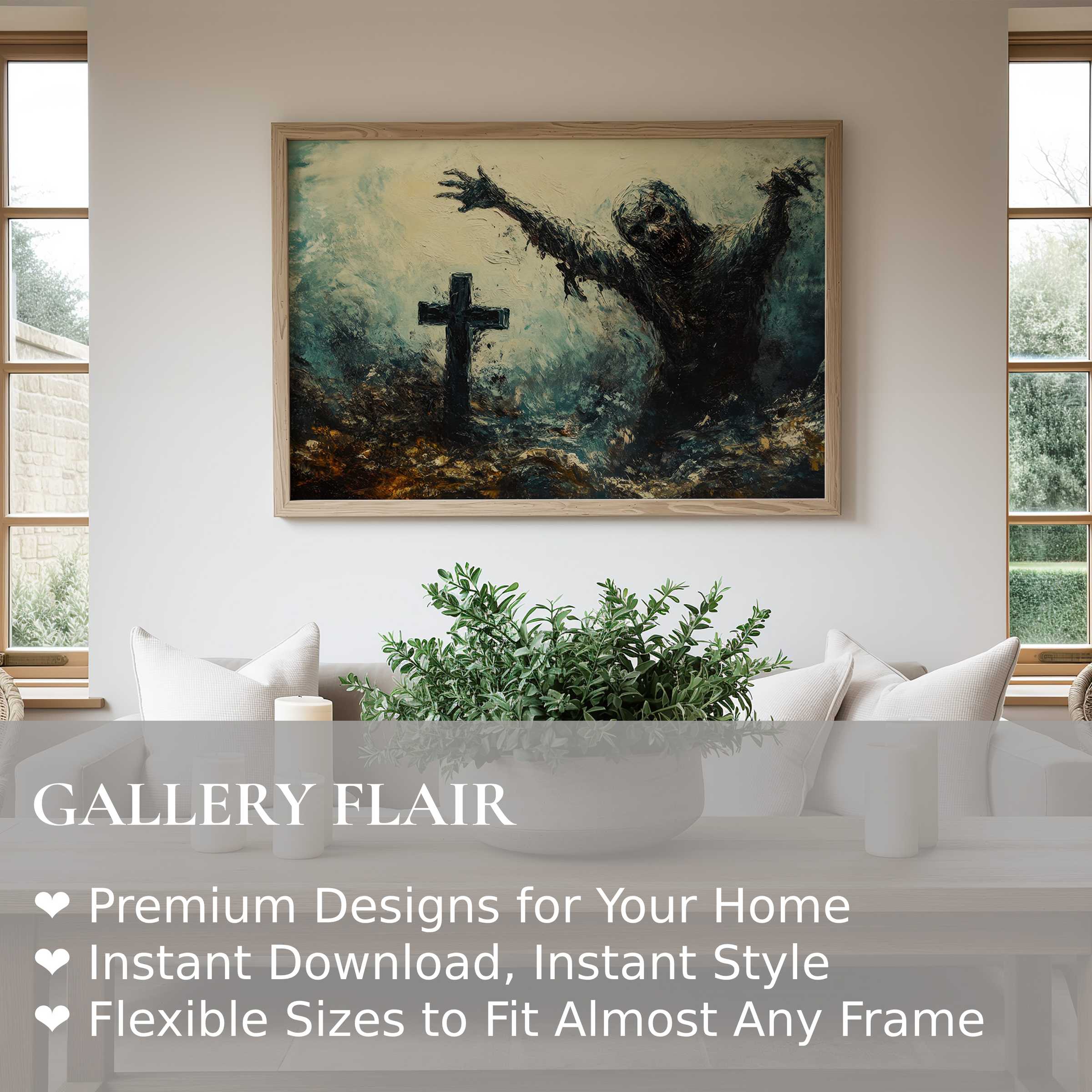 Halloween wall art print featuring a bold, haunting zombie rising by a grave, enriching modern minimalist spaces with eerie, dramatic flair