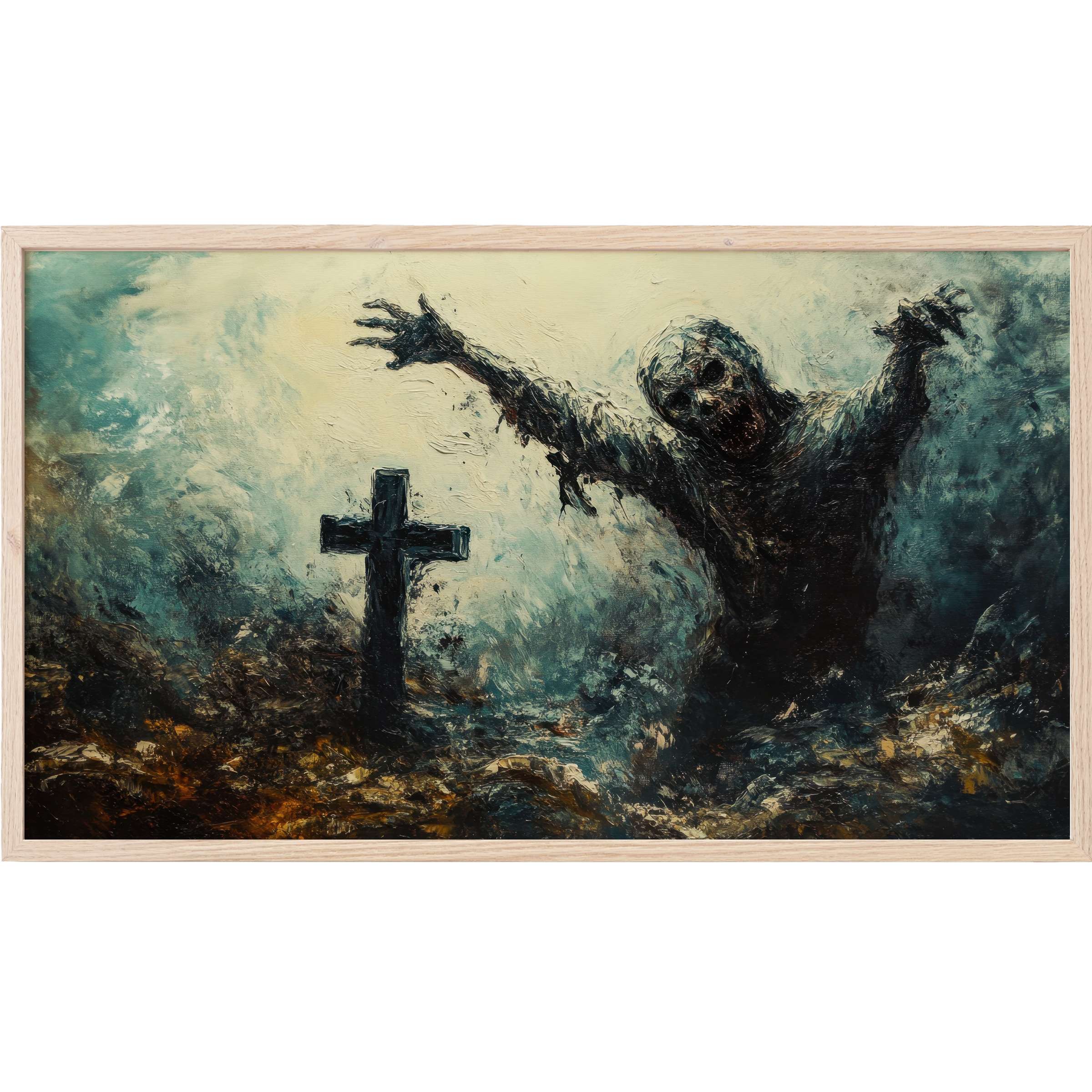 Dark, textured zombie rising by a grave in moody blues and earthy tones, halloween Frame TV Art for modern decor