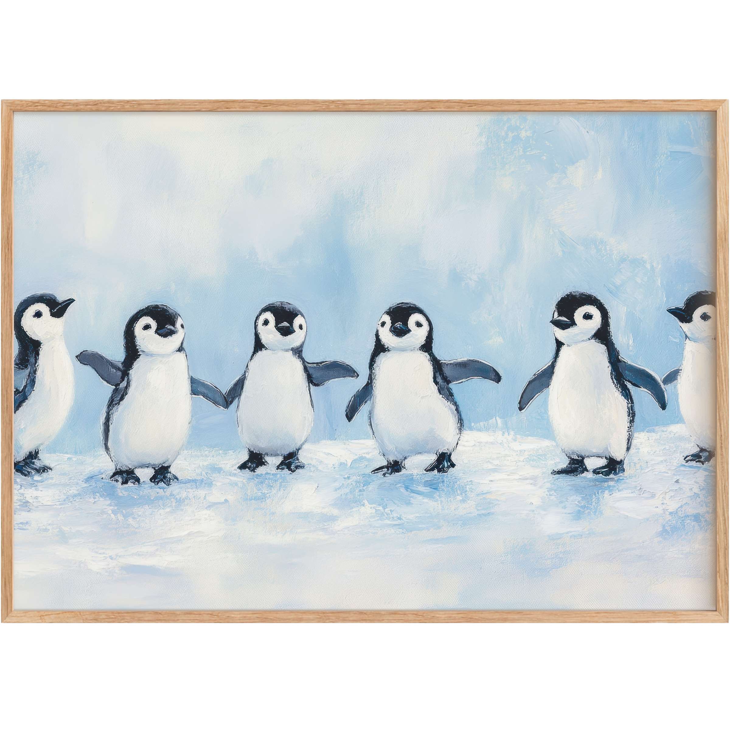Charming nursery printable wall art of playful penguins in soft blues and whites, creating a serene, joyful winter mood