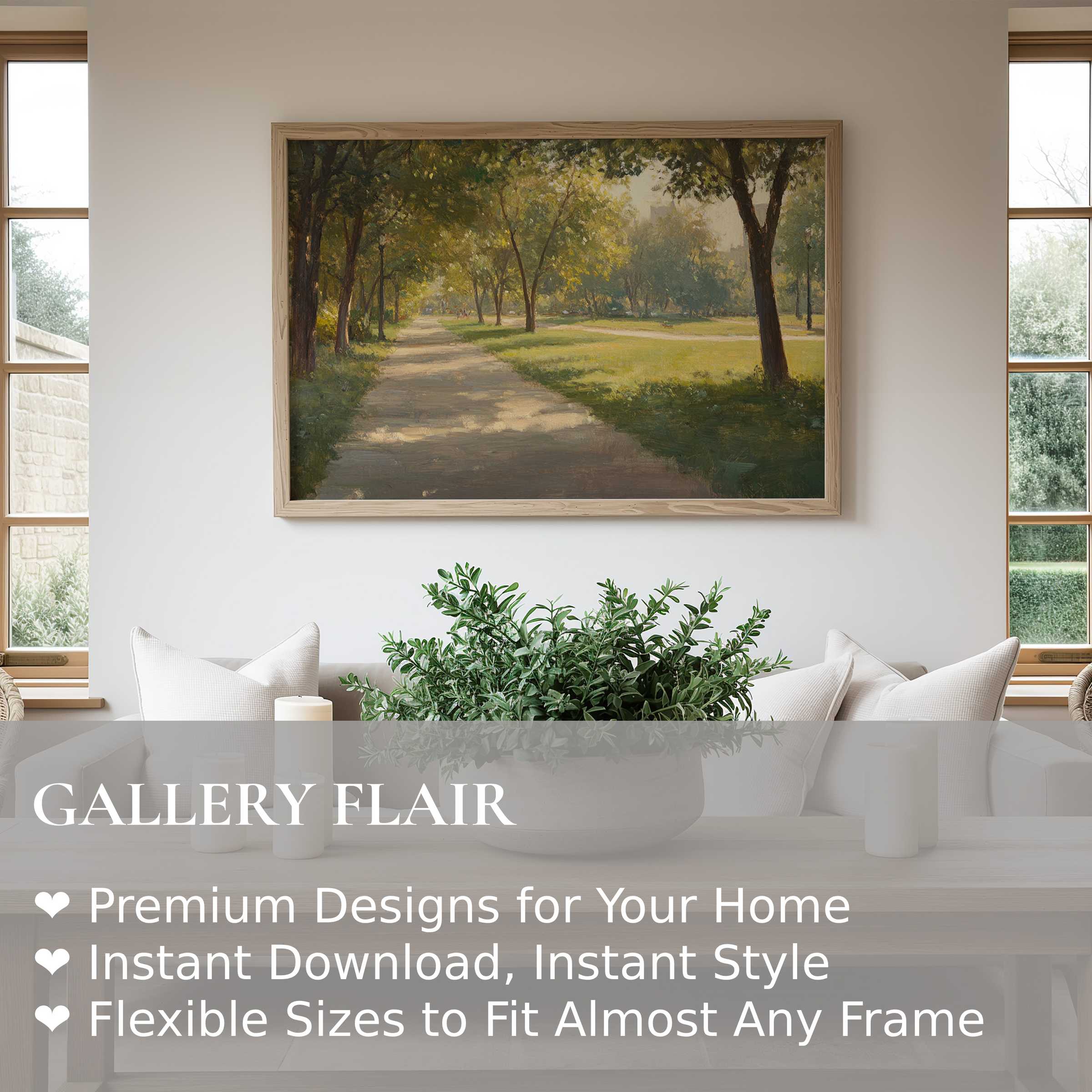 Serene urban art wall art print capturing a sunlit tree-lined path, enhancing minimalist interiors with calming, nature-inspired elegance