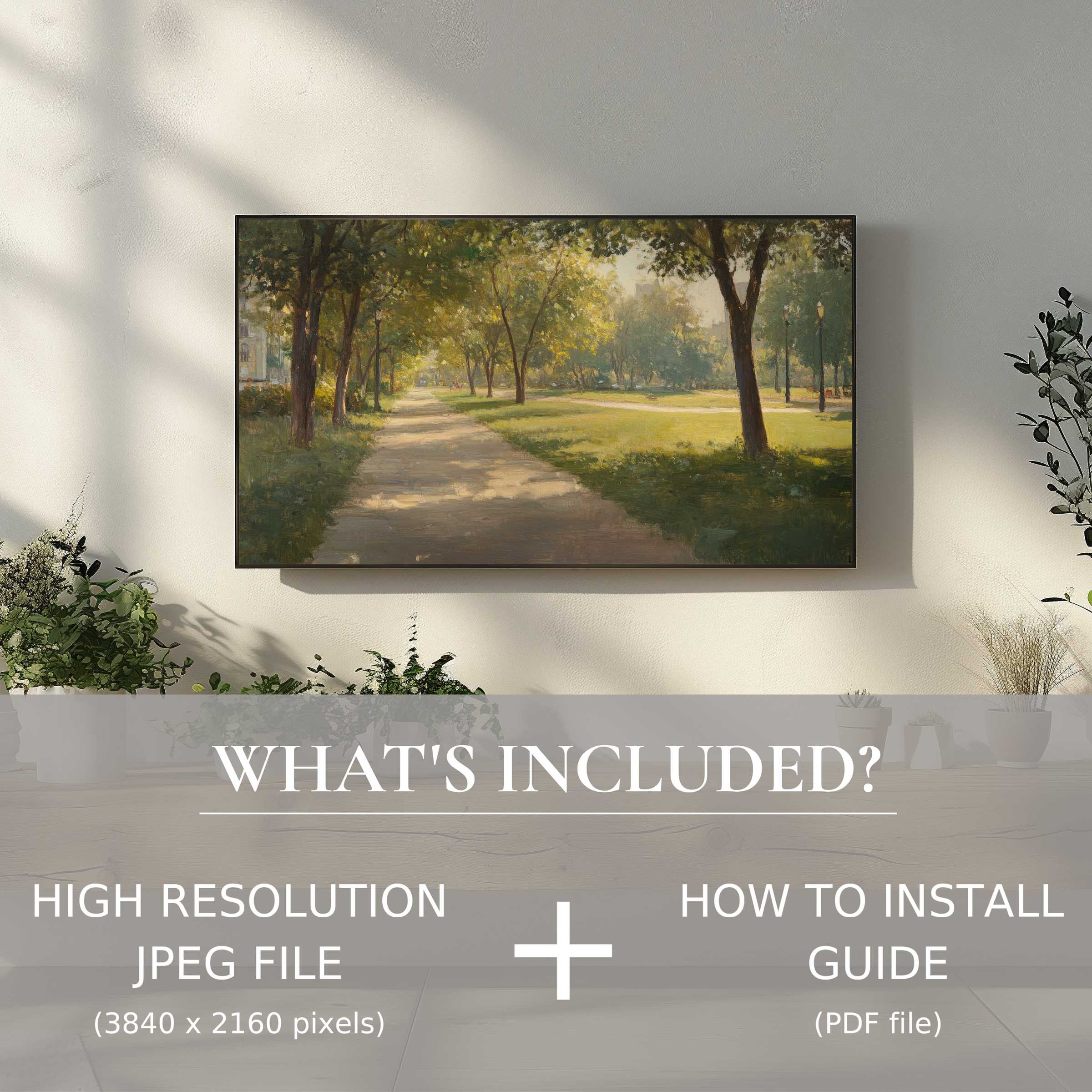 Urban digital TV art download enhances your stylish living space with easy digital use and elegant park scenery