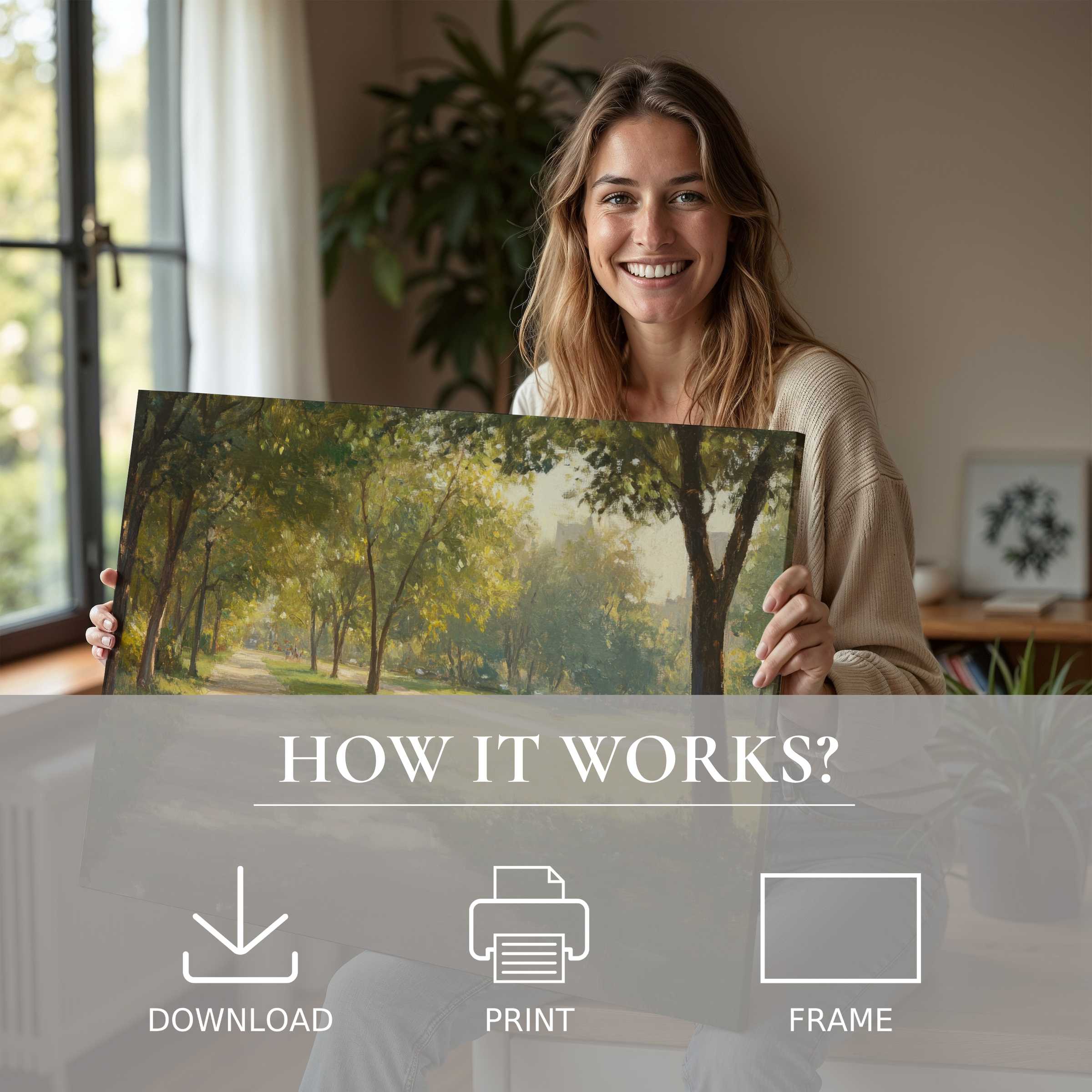 Woman joyfully sharing an urban digital art print, capturing a serene moment of effortless elegance and artistic connection