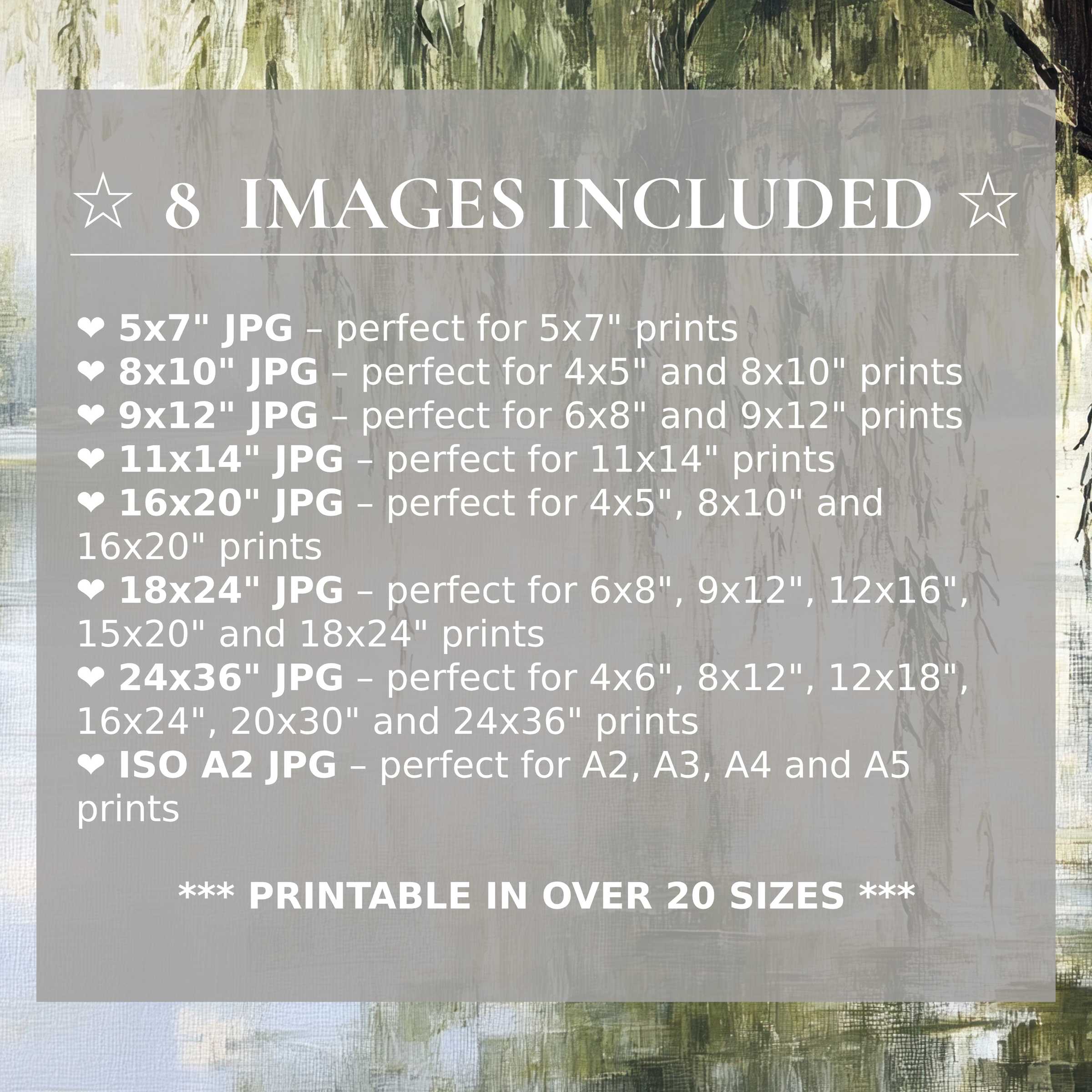 Print size guide showing 8 included JPG formats for versatile wall art printing – perfect for framing in popular sizes from 5x7 to 24x36 and A2