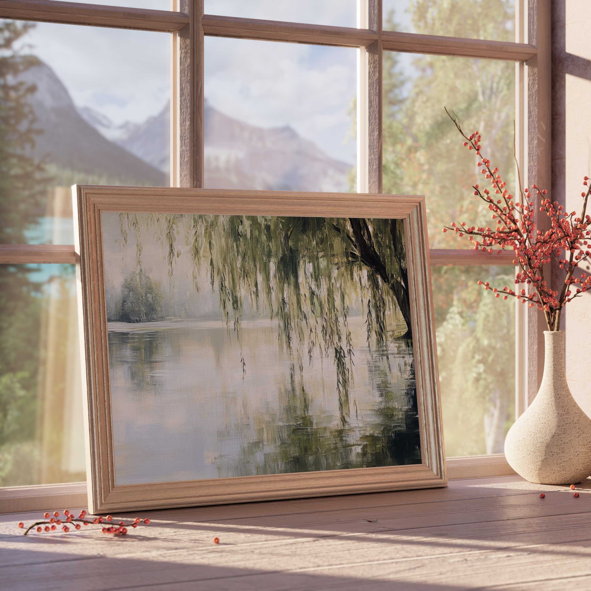 Serene tree downloadable art with willow branches over misty lake, enhancing tranquil, curated interiors with natural elegance