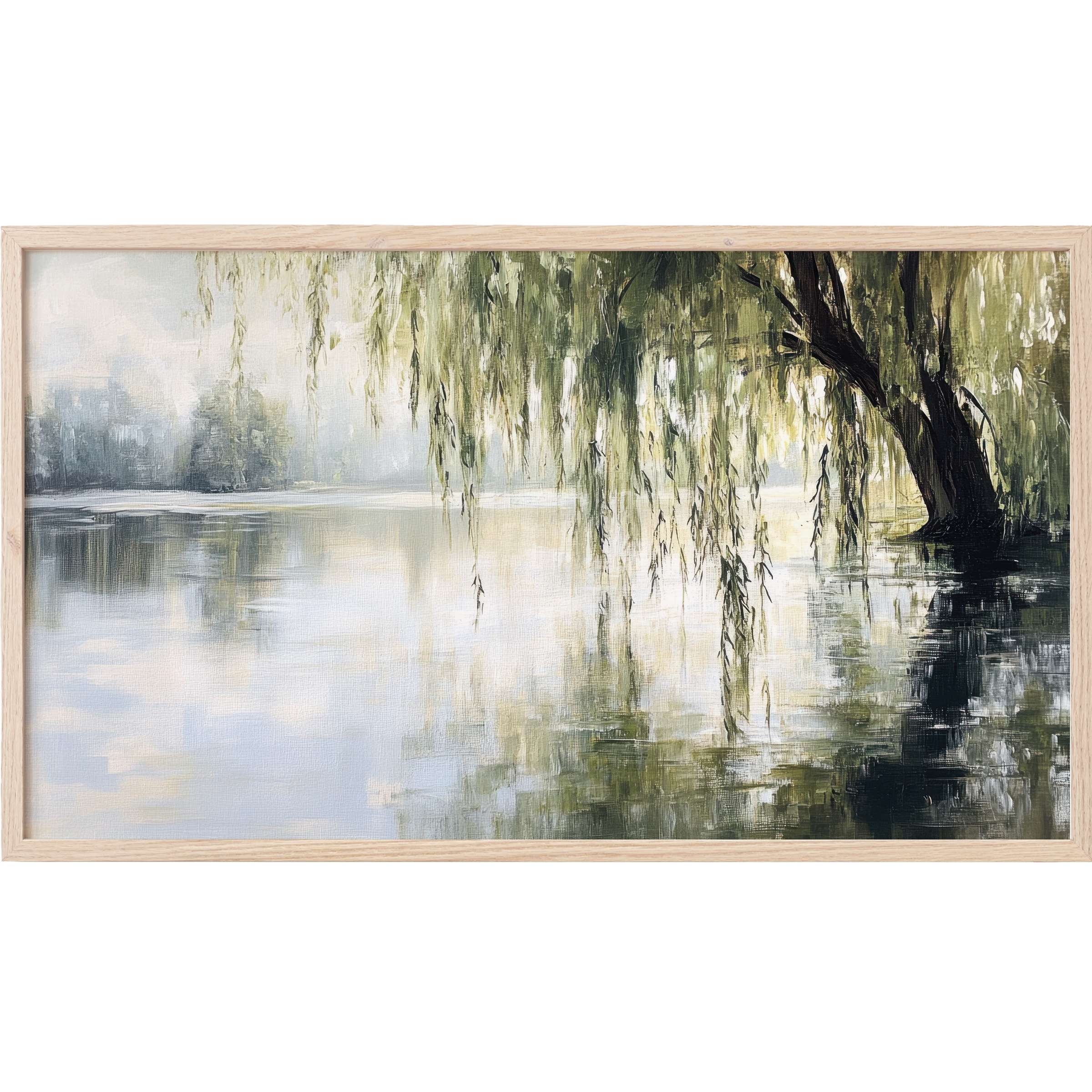 Serene, impressionistic lakeside scene in muted greens and blues with hanging branches, perfect tree Frame TV Art
