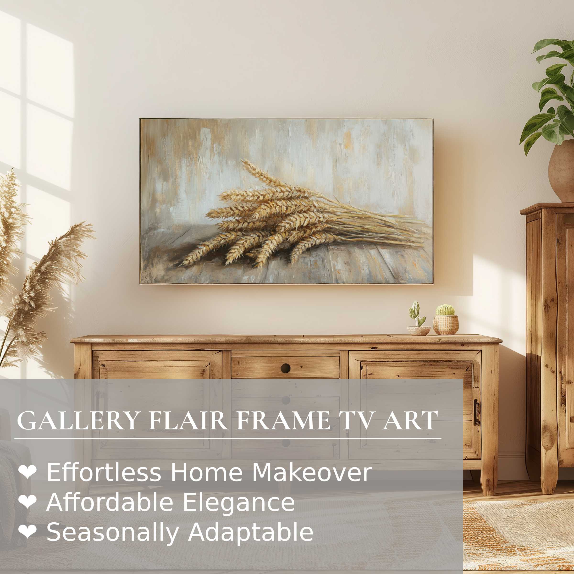Samsung Frame TV displaying elegant farmhouse digital artwork of wheat, perfect for refined modern home decor