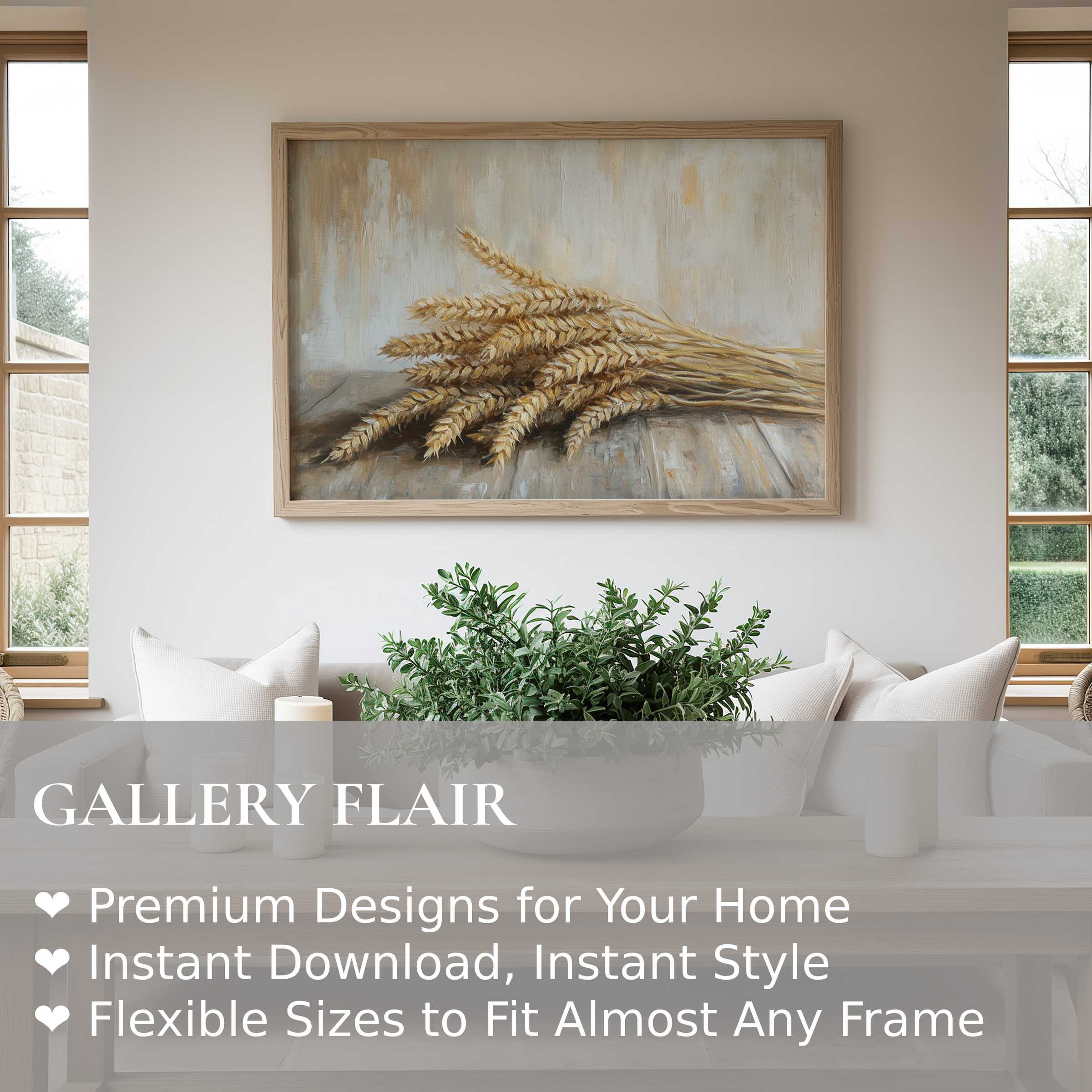 Farmhouse wall art print of golden wheat sheaves, radiating warm, calming rustic charm in a serene modern living space