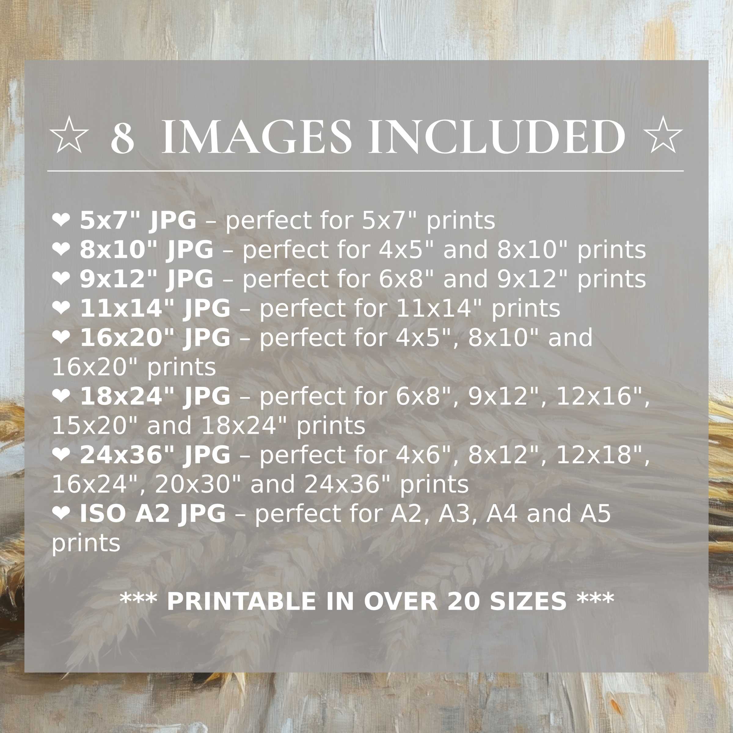 Farmhouse digital print with radiant beige and soft gold hues, delivering timeless elegance in 8 high-quality sizes included