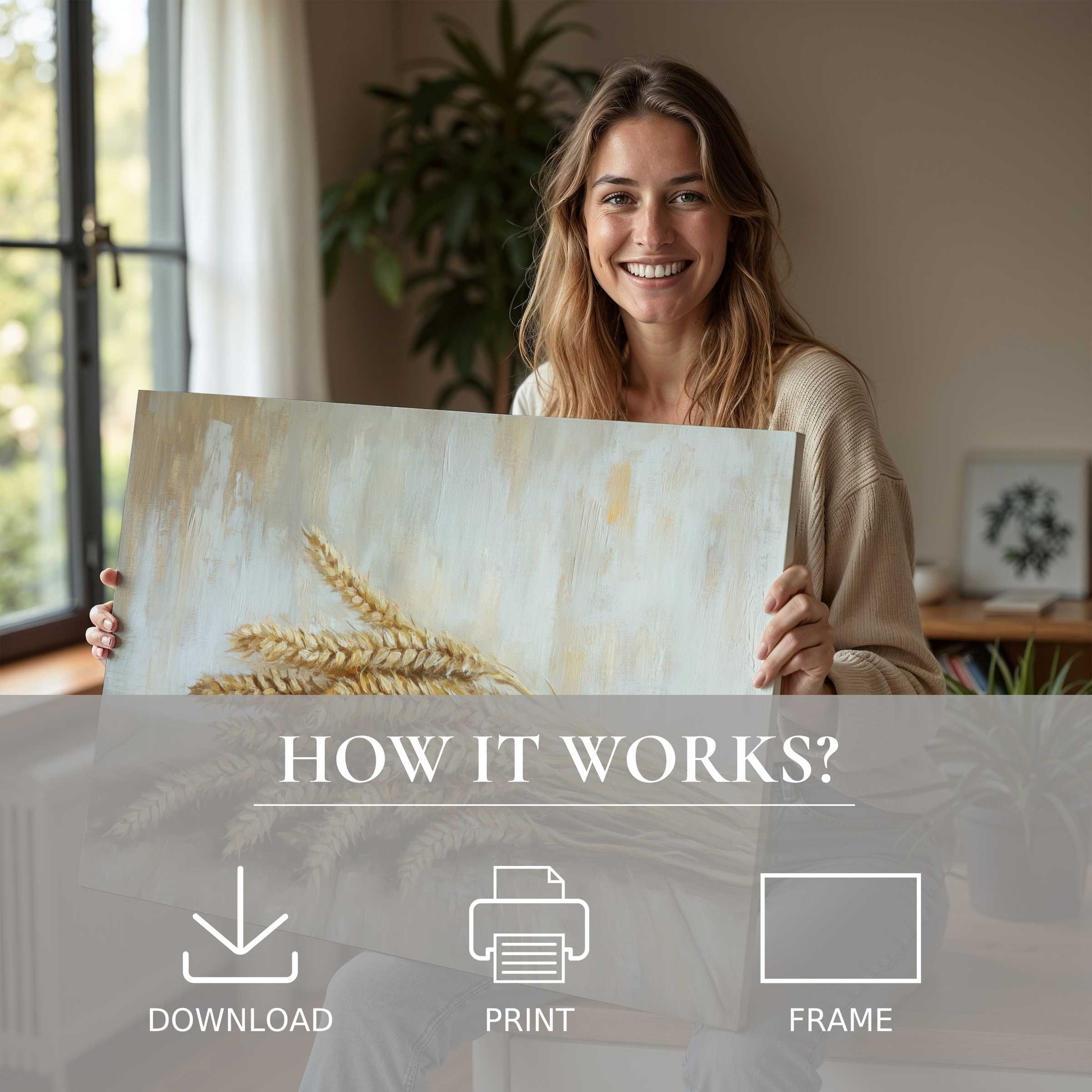 A serene moment of joy as a woman embraces farmhouse digital art print, enriching her modern home with natural warmth and effortless elegance
