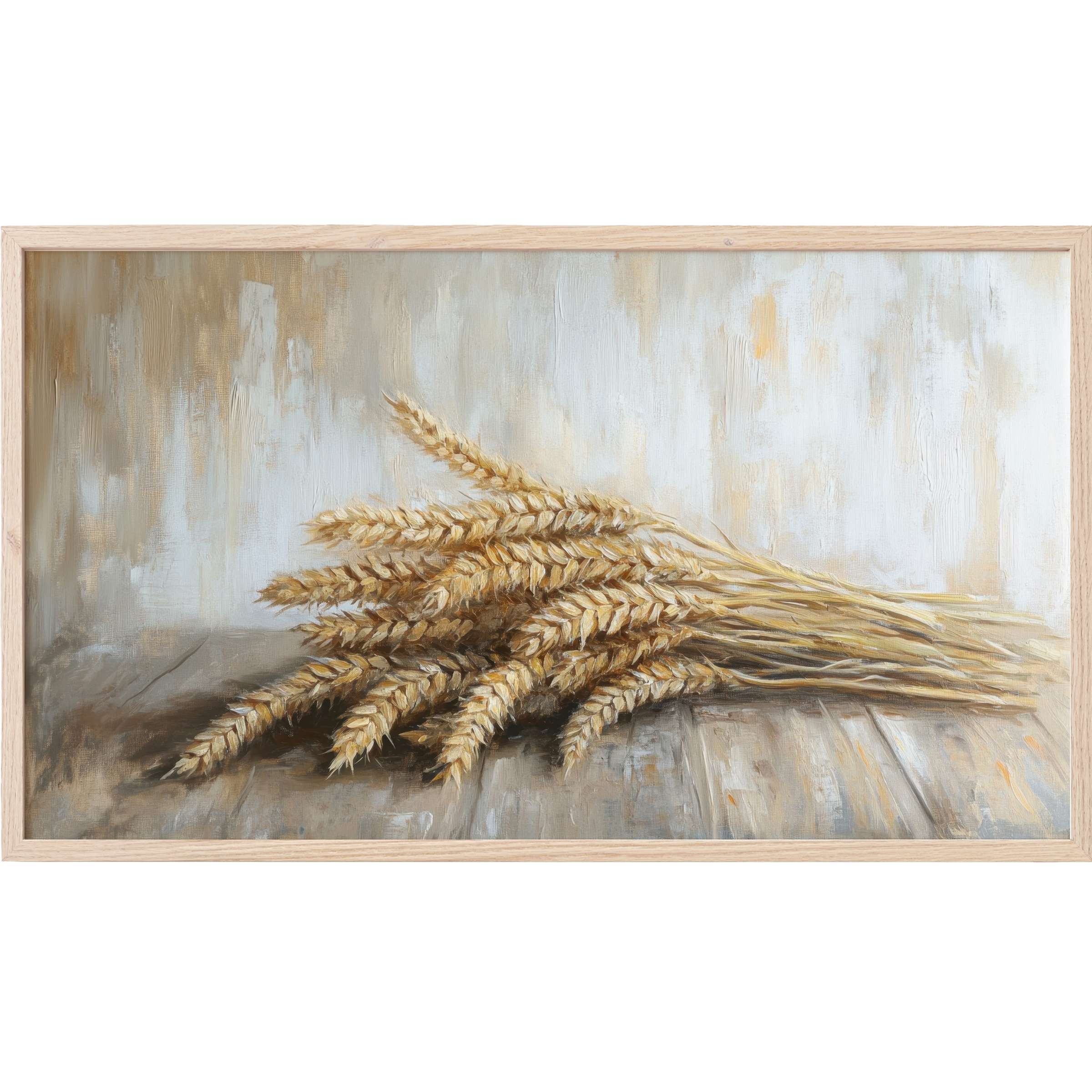 Farmhouse Frame TV Art featuring textured wheat sheaves in warm earth tones and soft, muted background hues