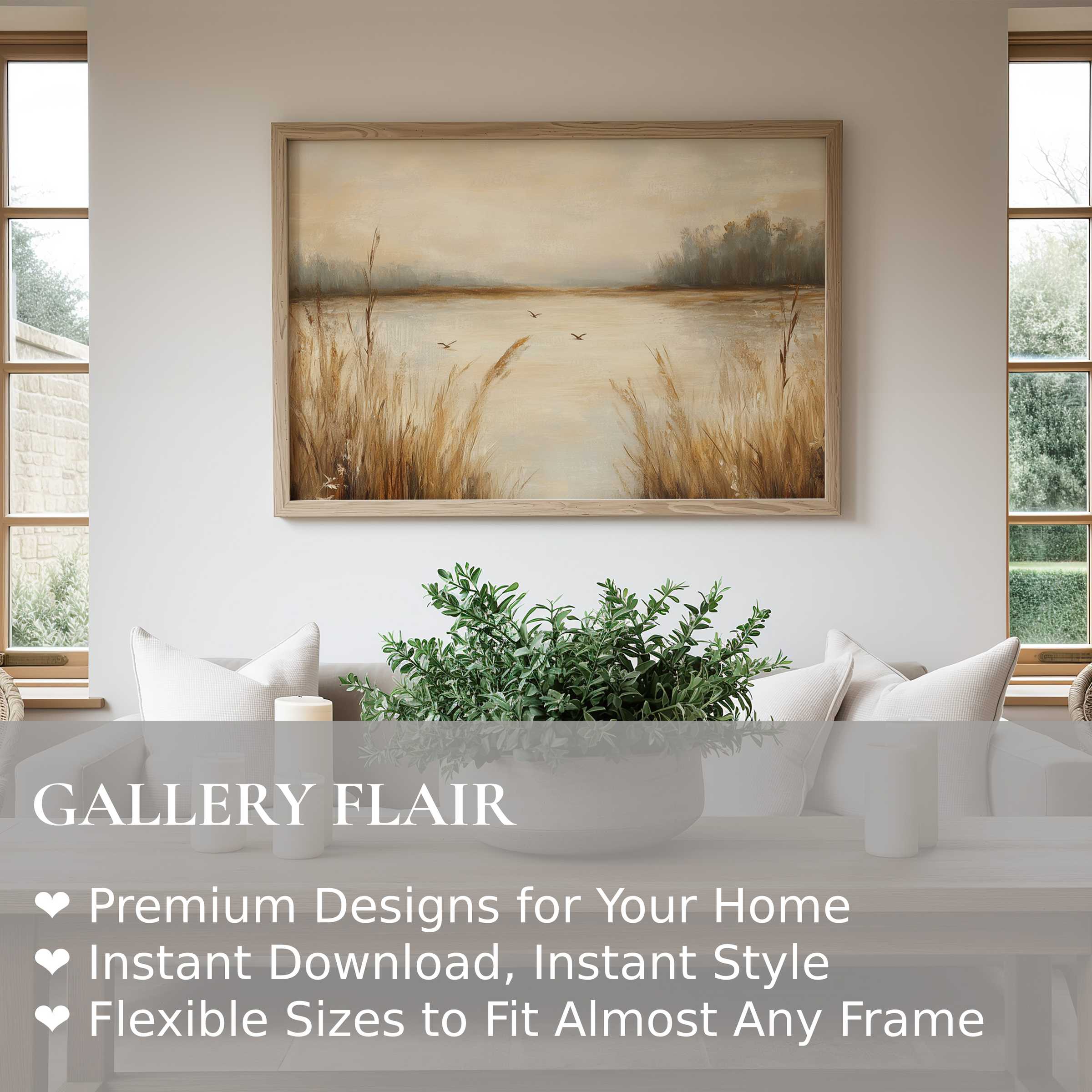 Vintage wall art print capturing a serene lakeside scene with soft earth tones and calming natural elegance, enhancing modern minimalist decor
