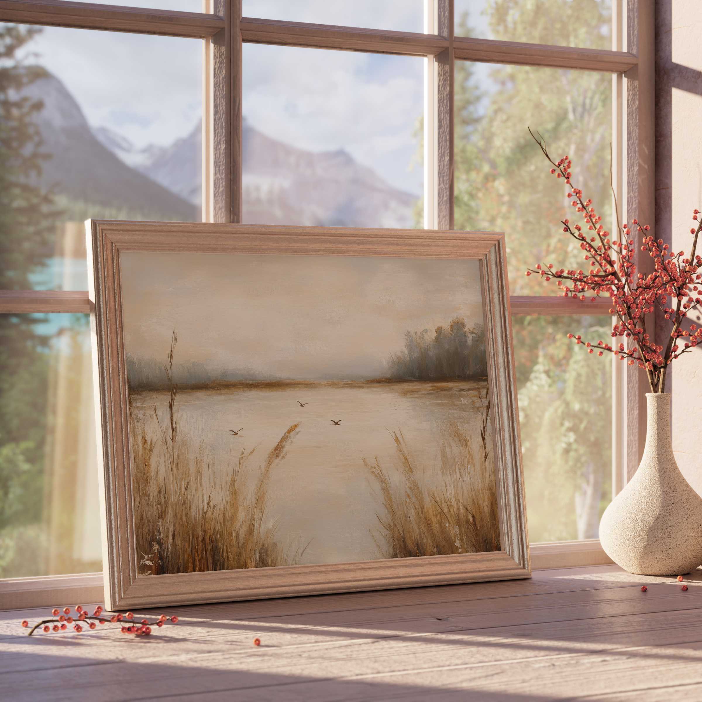 Vintage downloadable art capturing serene marsh landscapes with warm earth tones, ideal for curated, tranquil, design-forward interiors