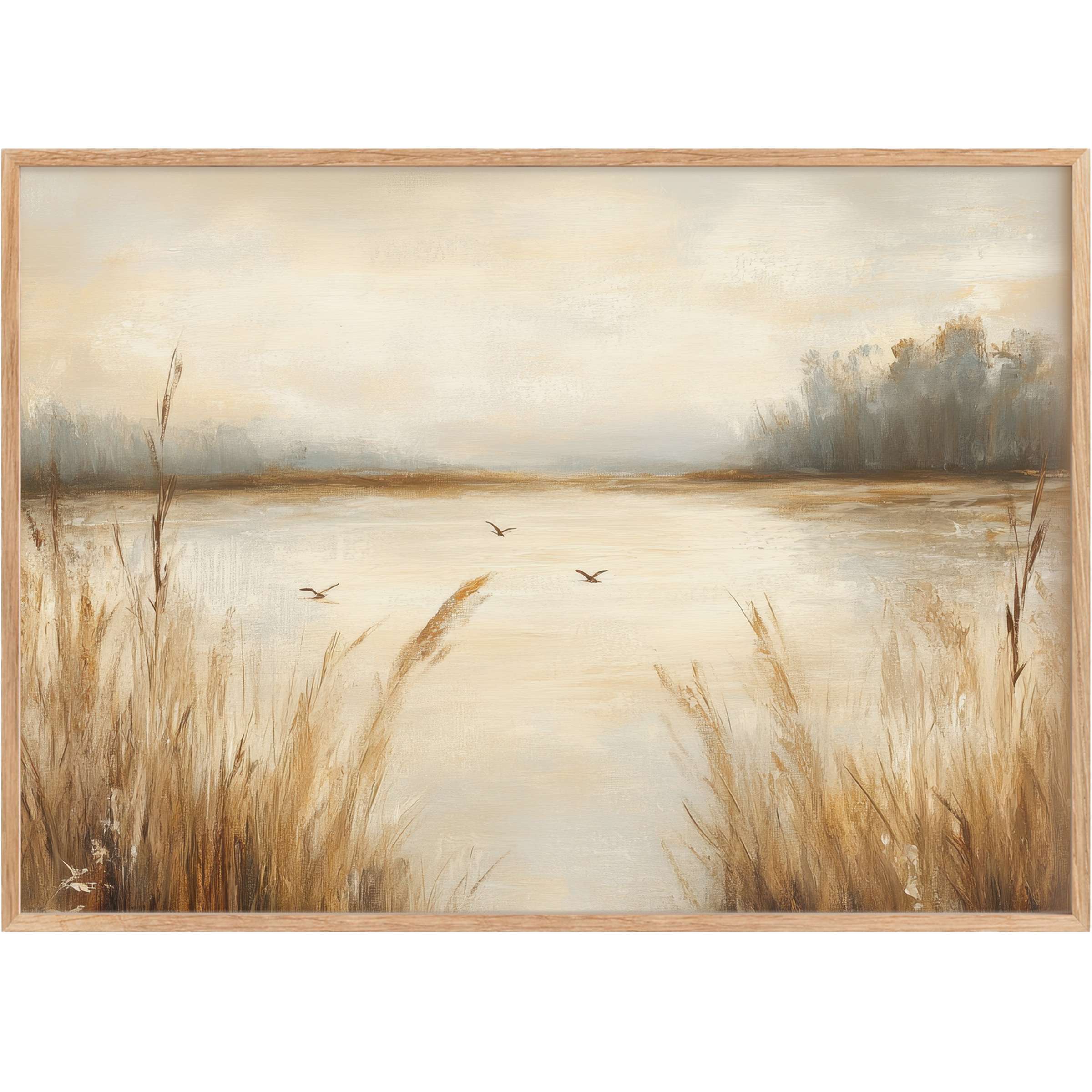 Vintage printable wall art capturing a serene lakeside dawn with soft beige and muted gold, evoking calm and timeless elegance