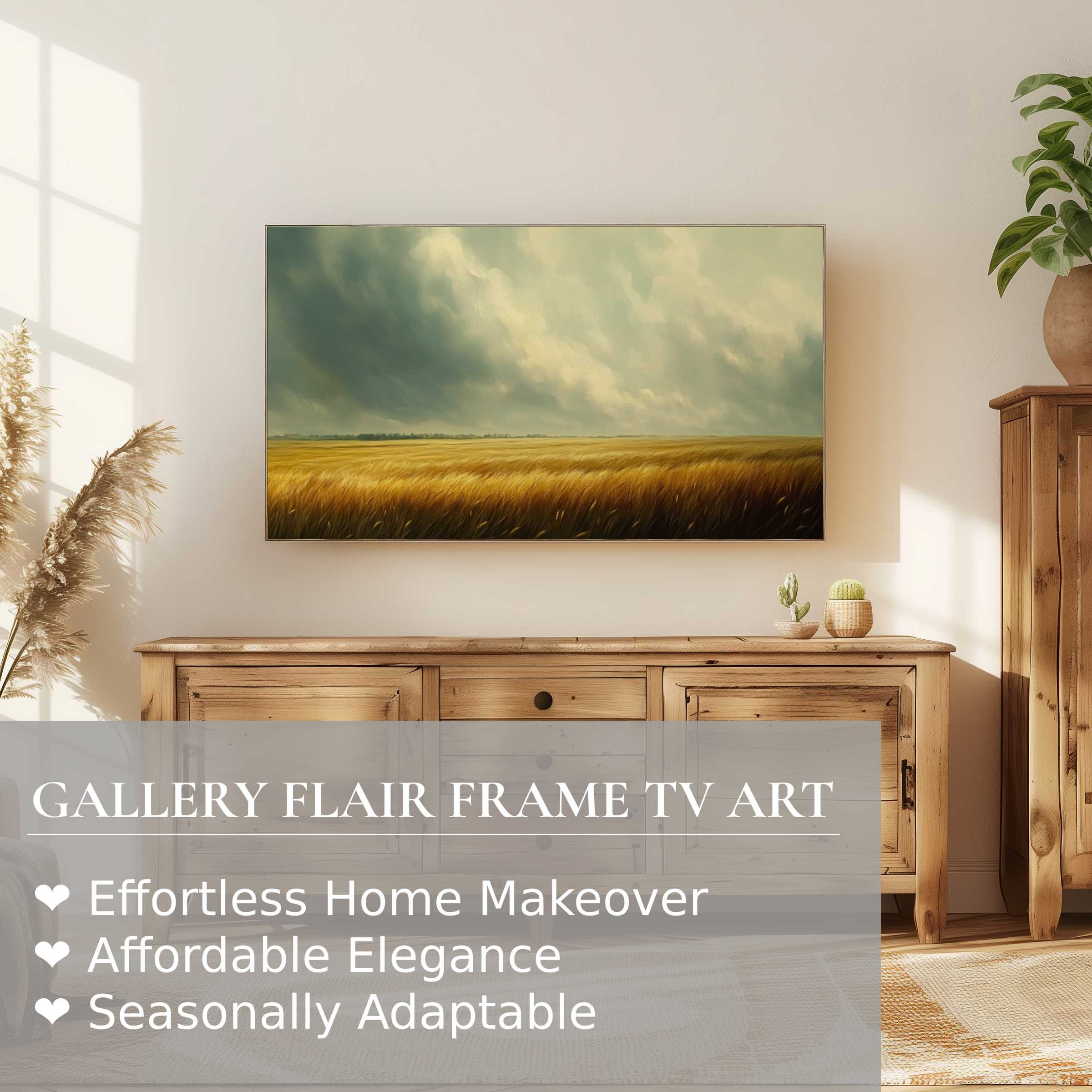 Samsung Frame TV displaying serene landscape digital artwork, enhancing modern, warm, and elegant home decor