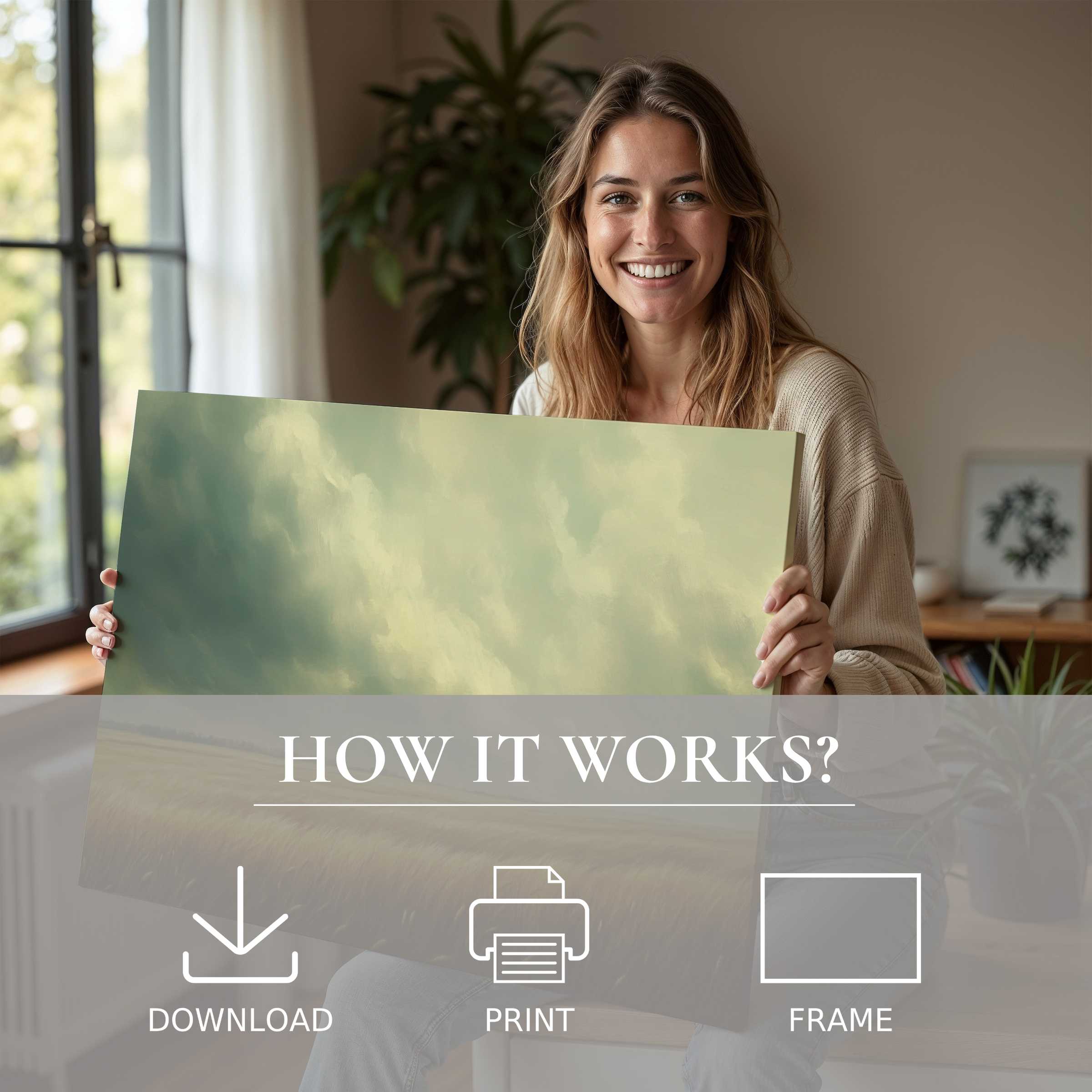 A radiant moment of joy unveiling a serene landscape digital art print, seamlessly enhancing modern living spaces with effortless elegance