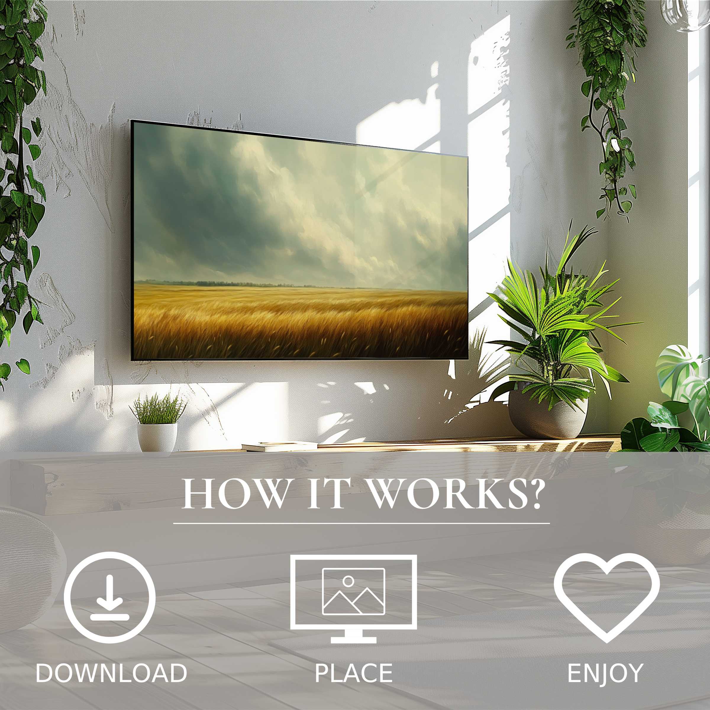 Modern living room with digital landscape art for Samsung TV, soft stormy sky tones, easy download to enrich space