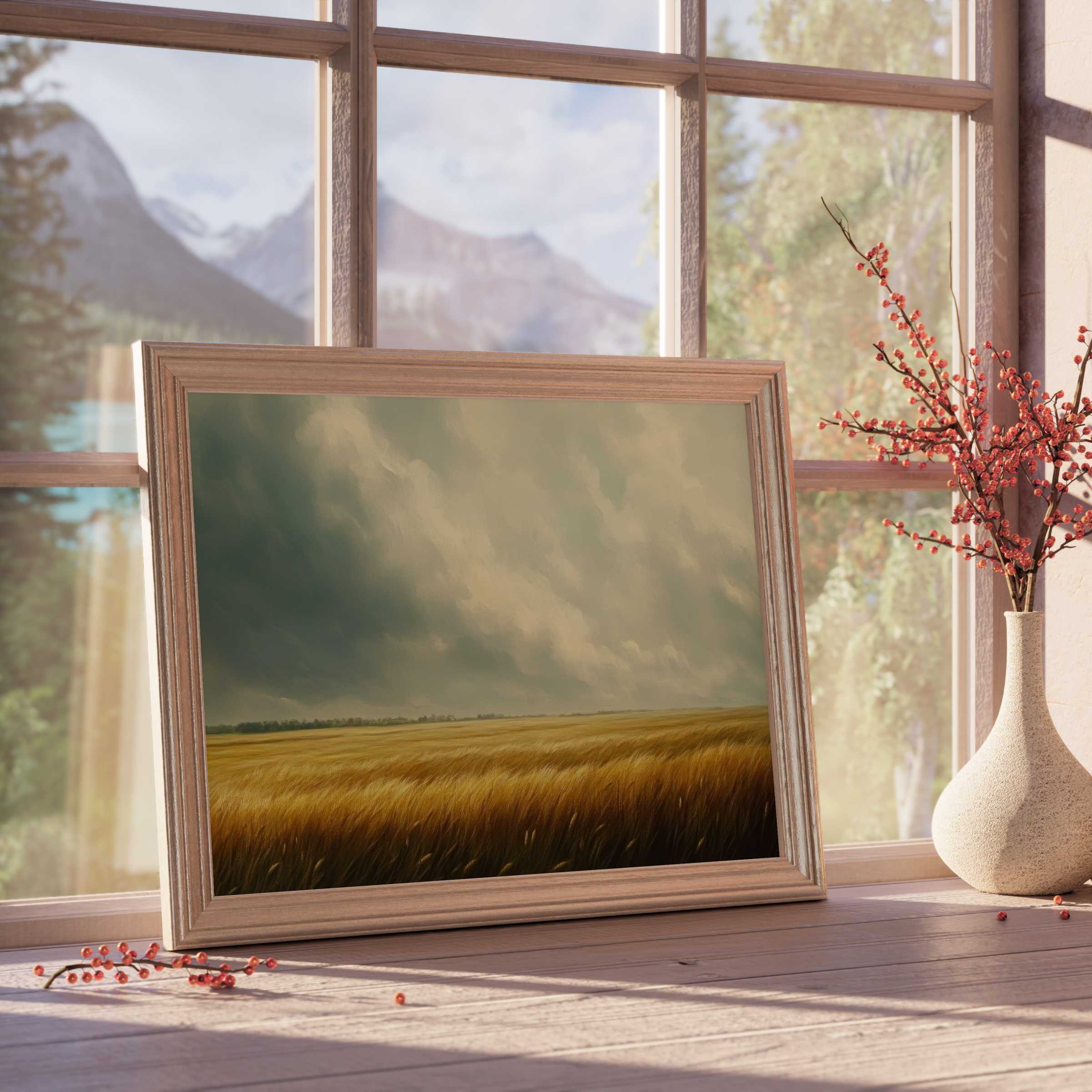 Golden wheat fields meet dramatic skies in this landscape downloadable art, perfect for elevating tranquil, curated interiors with rustic charm and timeless elegance