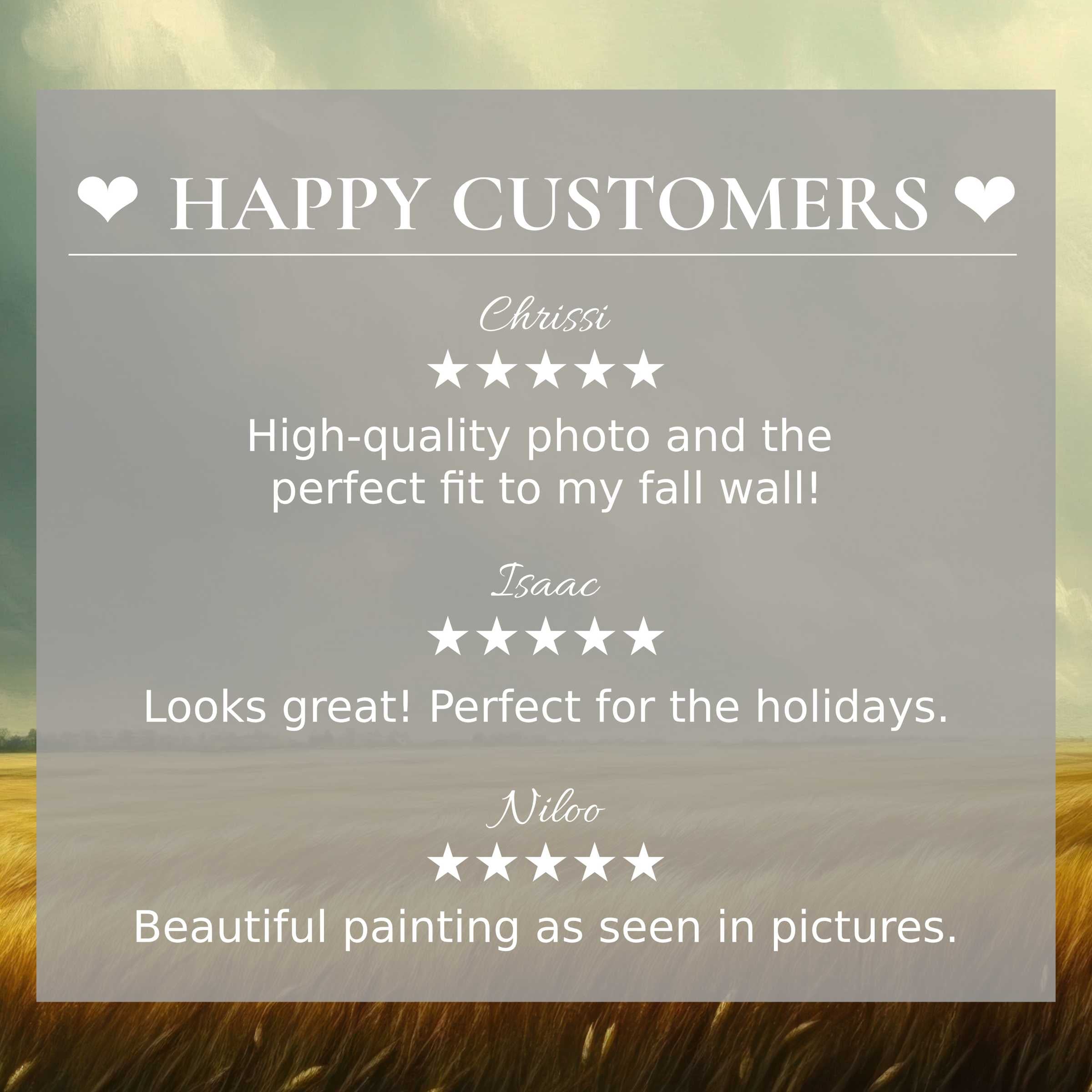 Landscape art for Frame TV with serene golden field backdrop; happy customer reviews enhance trust and elegance