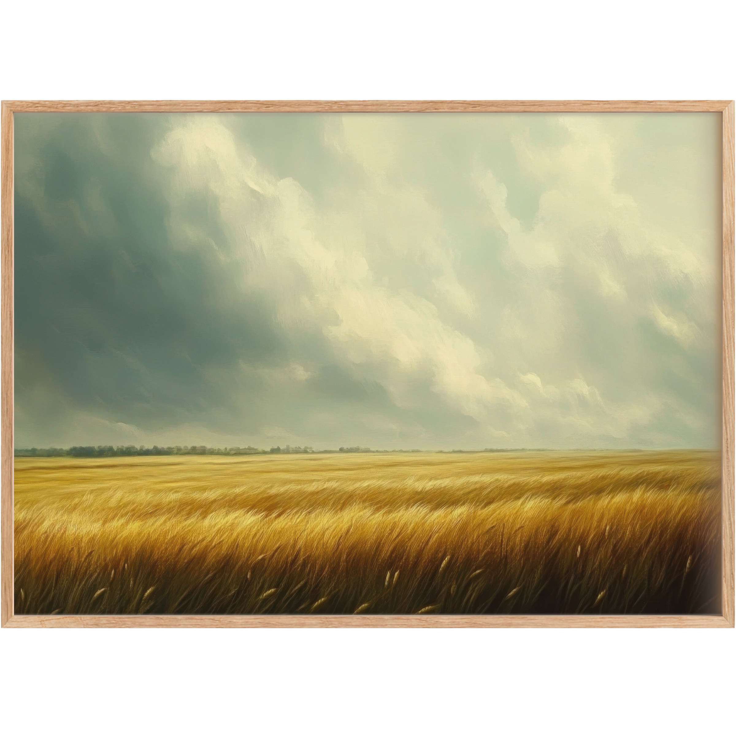 Golden wheat fields under a moody sky create a serene, timeless ambiance in this landscape printable wall art