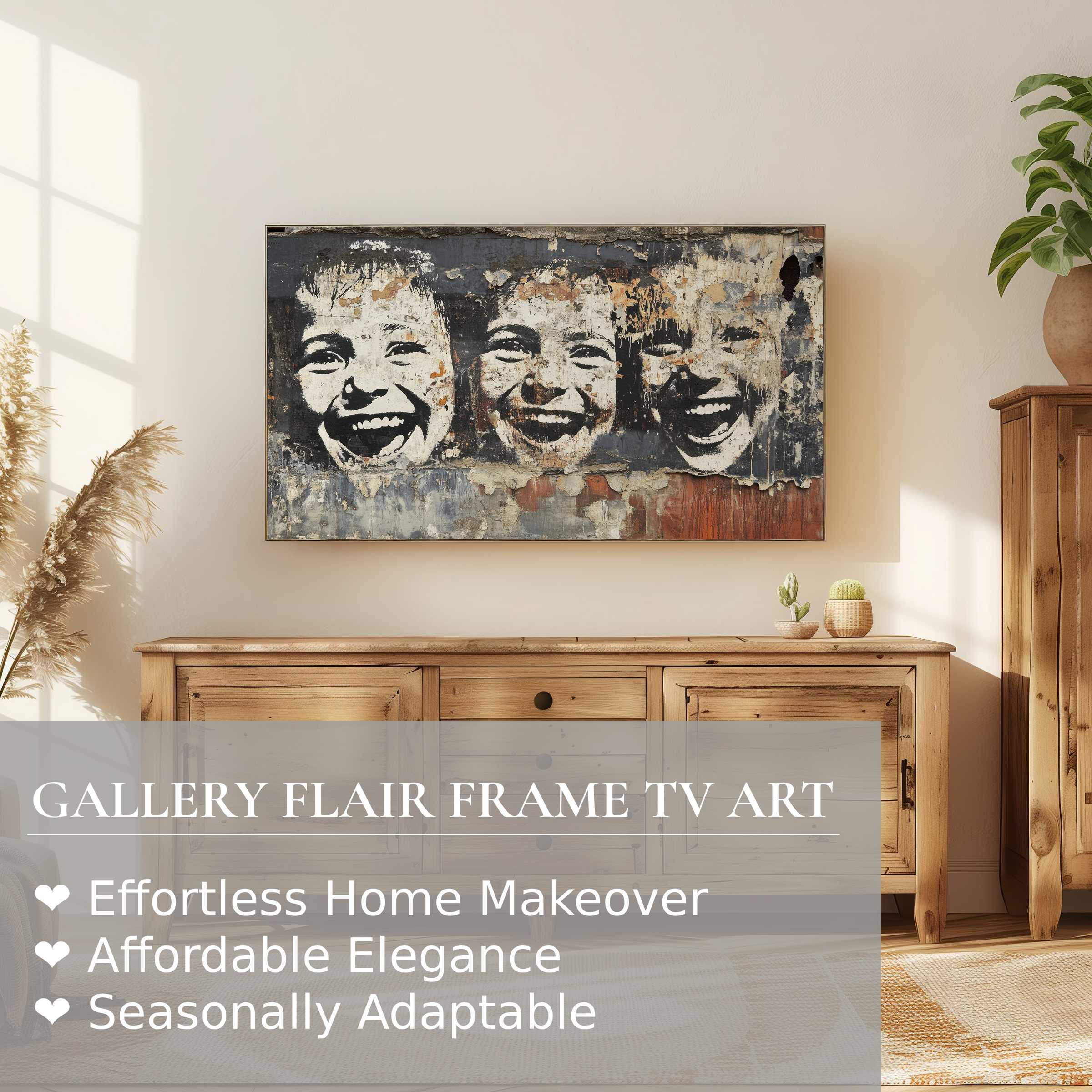 Samsung Frame TV showcasing vibrant street art digital artwork of joyful faces in a chic, sunlit living space