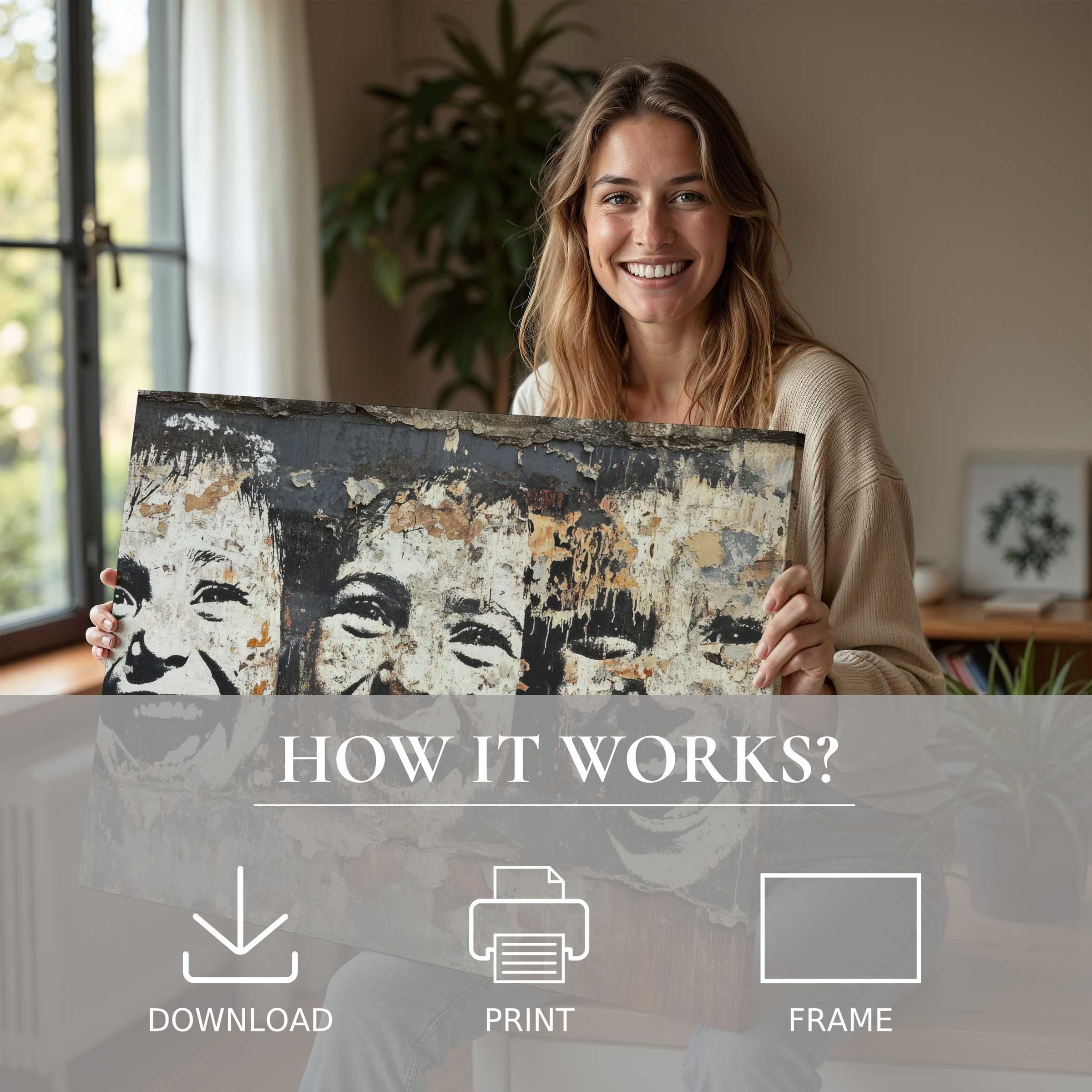 A radiant moment of genuine joy as a woman embraces street art digital art print, transforming her modern home with effortless elegance and soulful connection