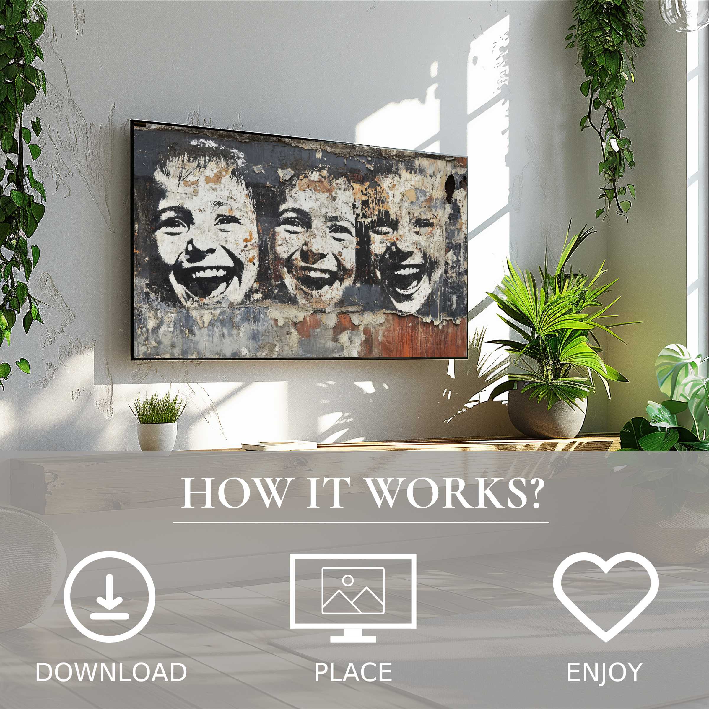 Bright living room with lush plants featuring street art for Samsung TV, showing joyful faces in rustic tones Easy digital download