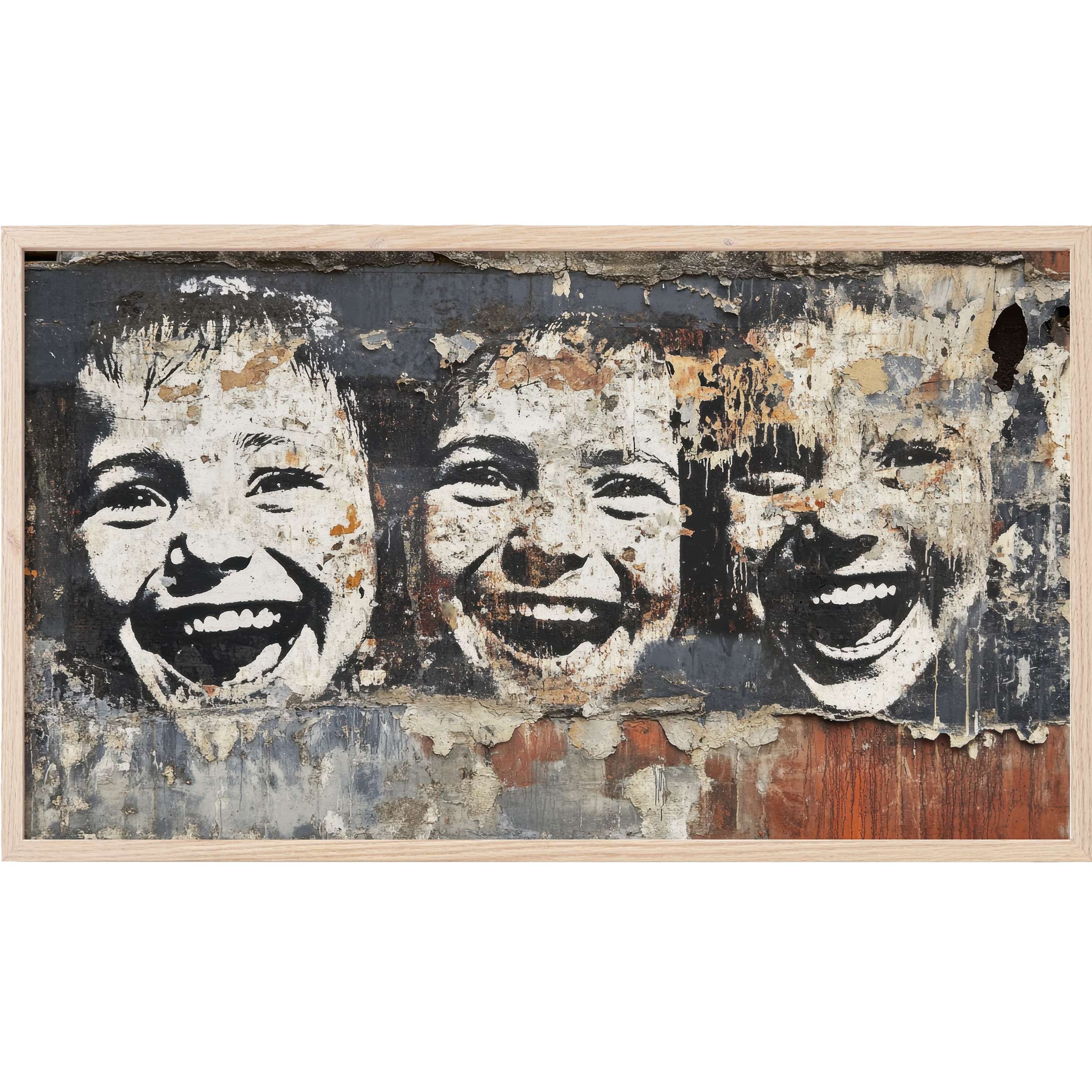 Street art Frame TV Art shows three joyful faces in distressed black, white, and rust tones with textured, weathered style